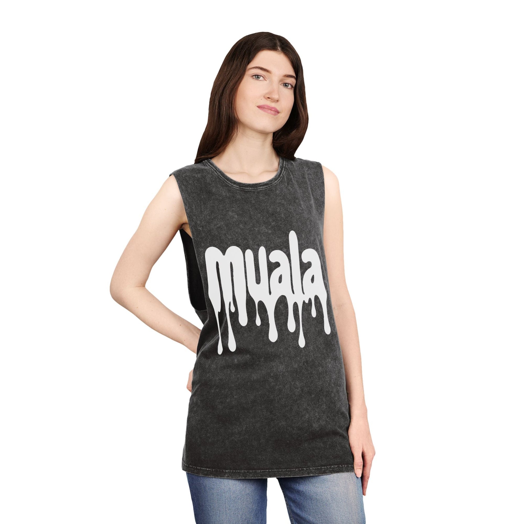 woman wearing muala® "hot mualan" black stonewash tank top with dripping logo and raw edges