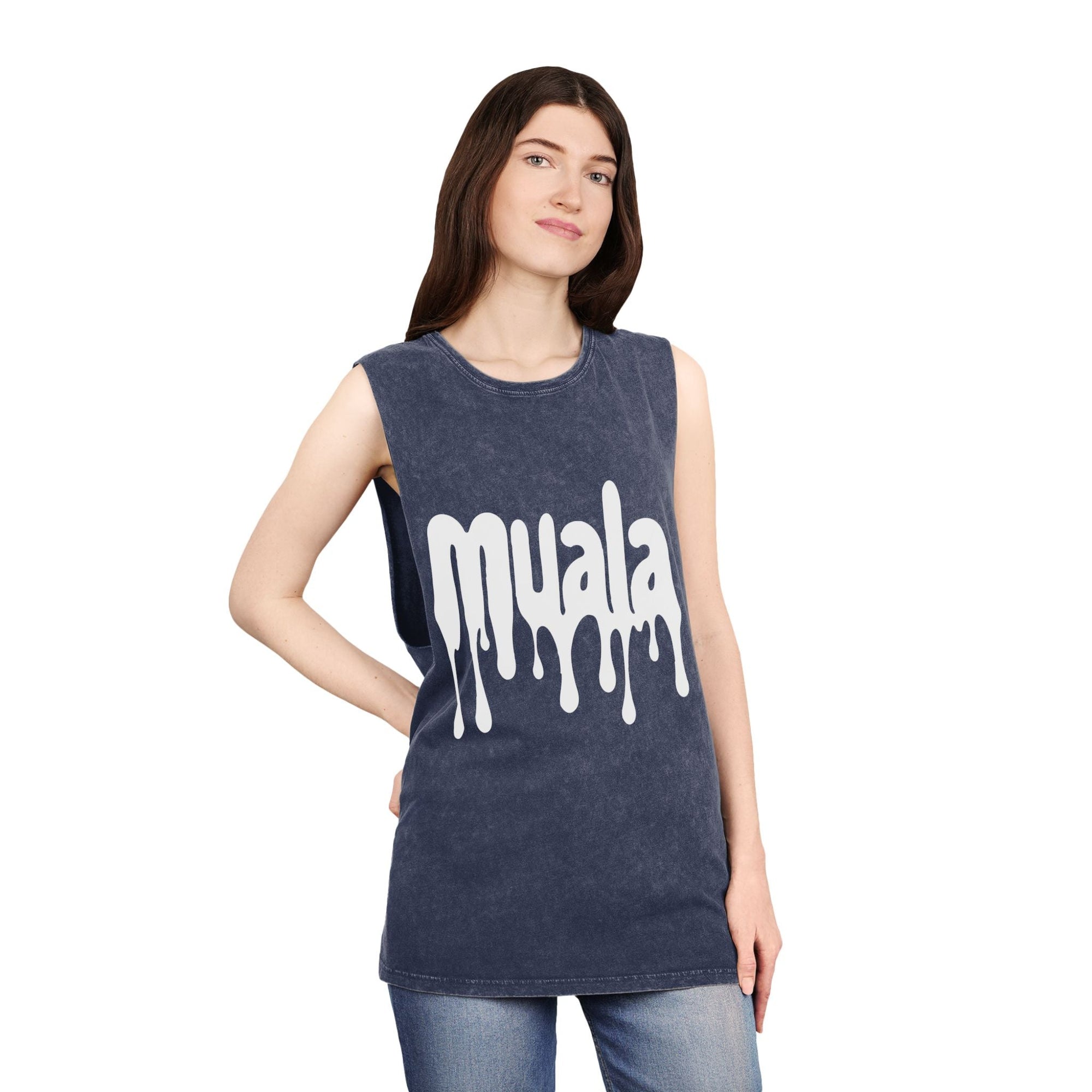 Woman wearing navy blue muala® "hot mualan" stonewash tank top with dripping logo and raw sleeve edges