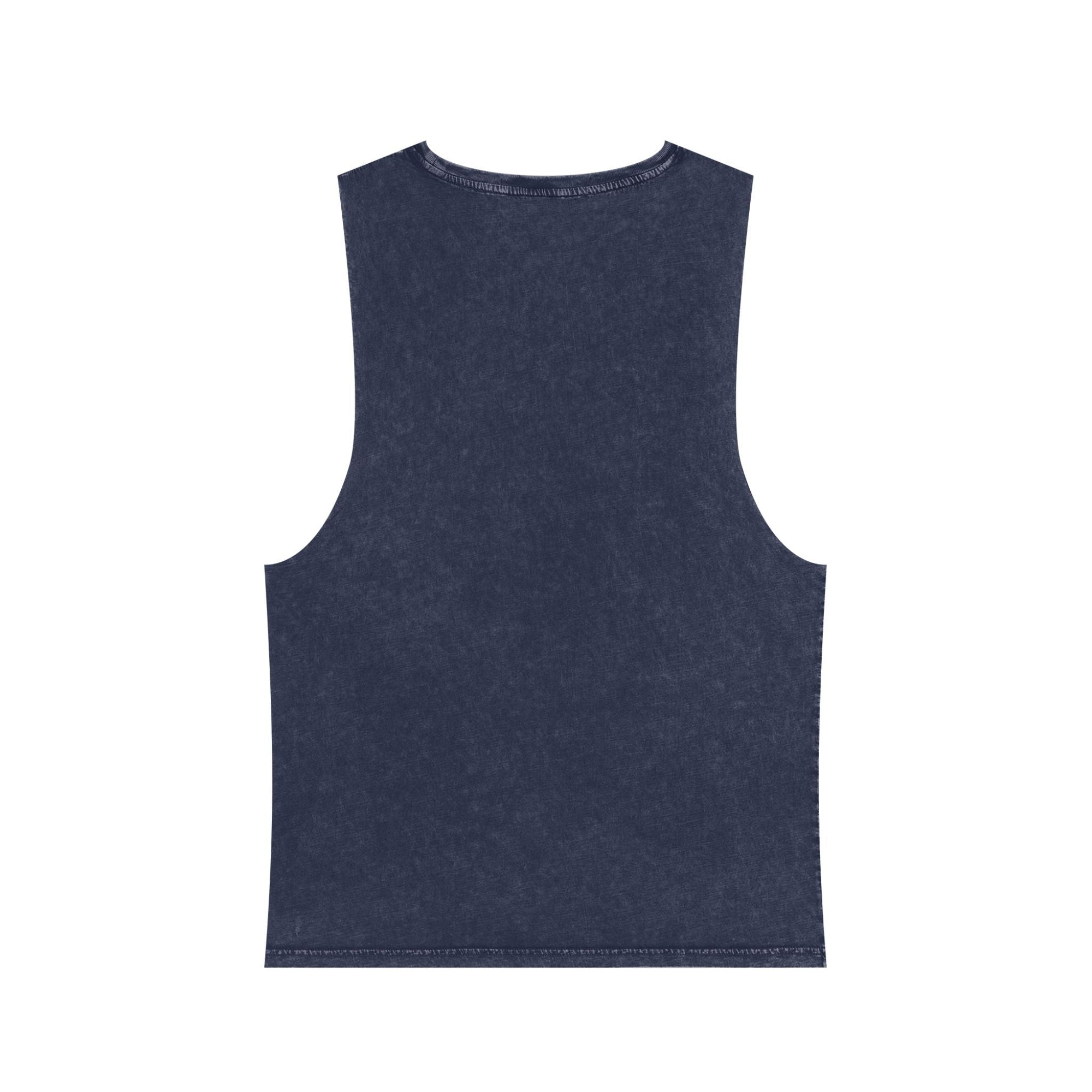 Back view of muala® "hot mualan" stonewash tank top in dark stonewashed cotton with raw sleeve edges and classic unisex fit