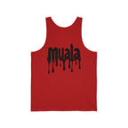 Red Muala all day summer jersey tank with black dripping logo print on front