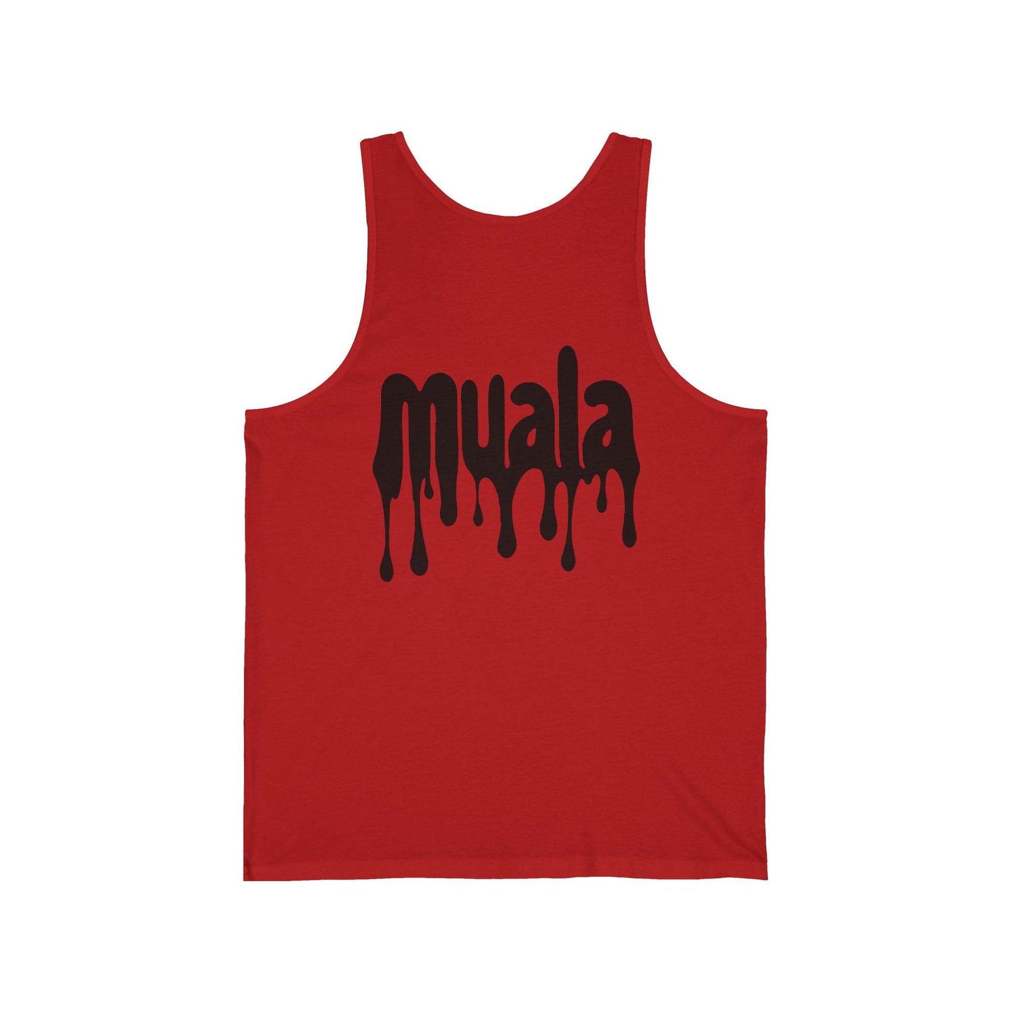 Red Muala all day summer jersey tank with black dripping logo print on front
