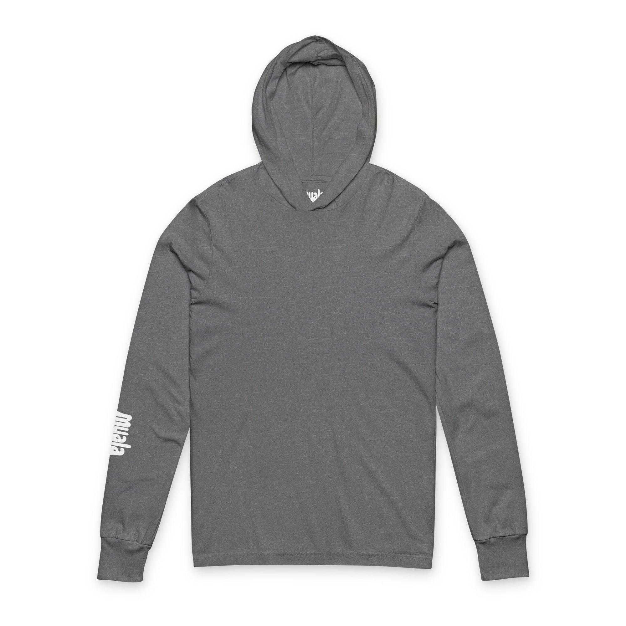 Muala® Snack Attack gray hooded long sleeve tee with right sleeve print, lightweight cotton, casual food lover style