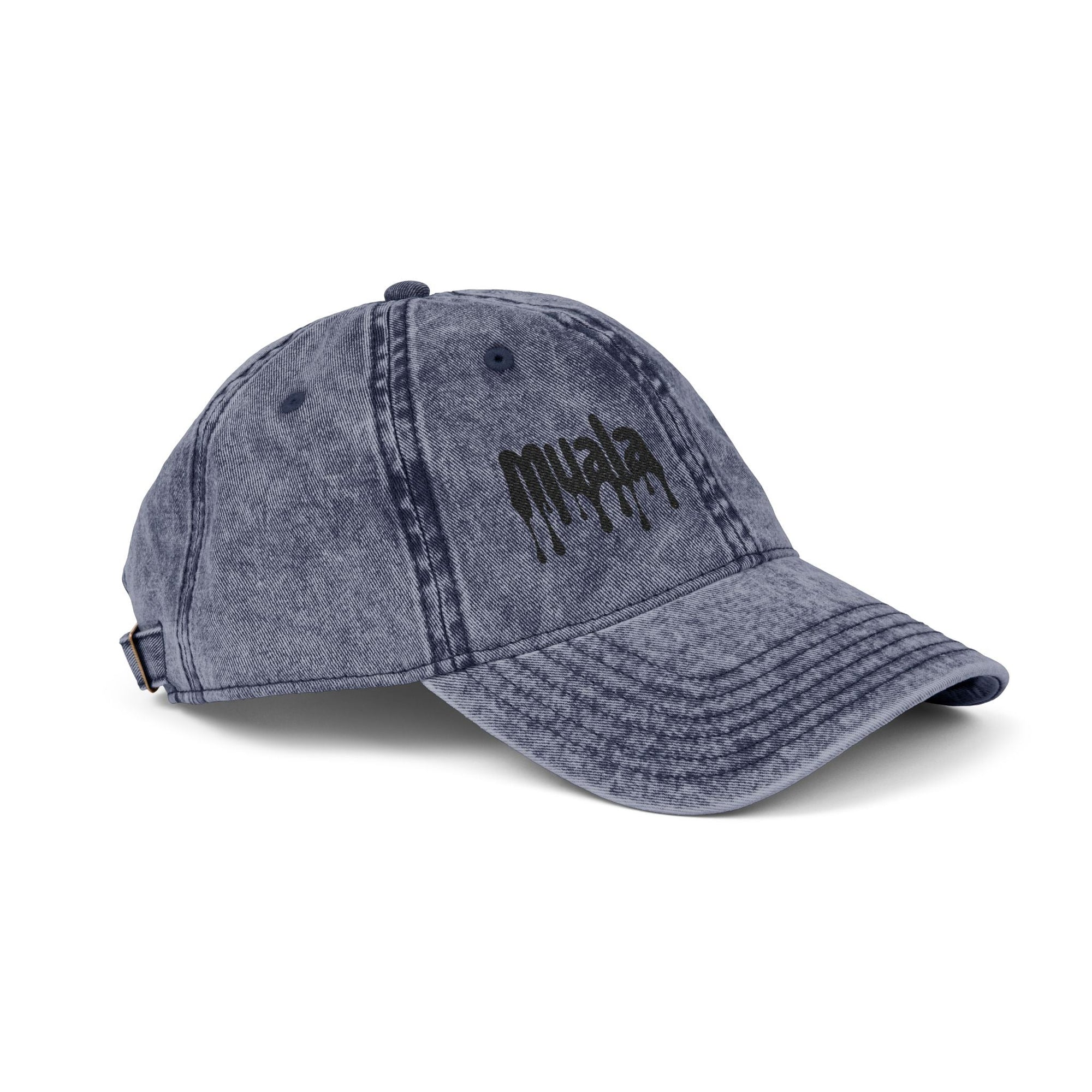 Vintage washed navy blue Muala® "sunday pizza" cap with distressed cotton twill and black logo embroidery on right front panel