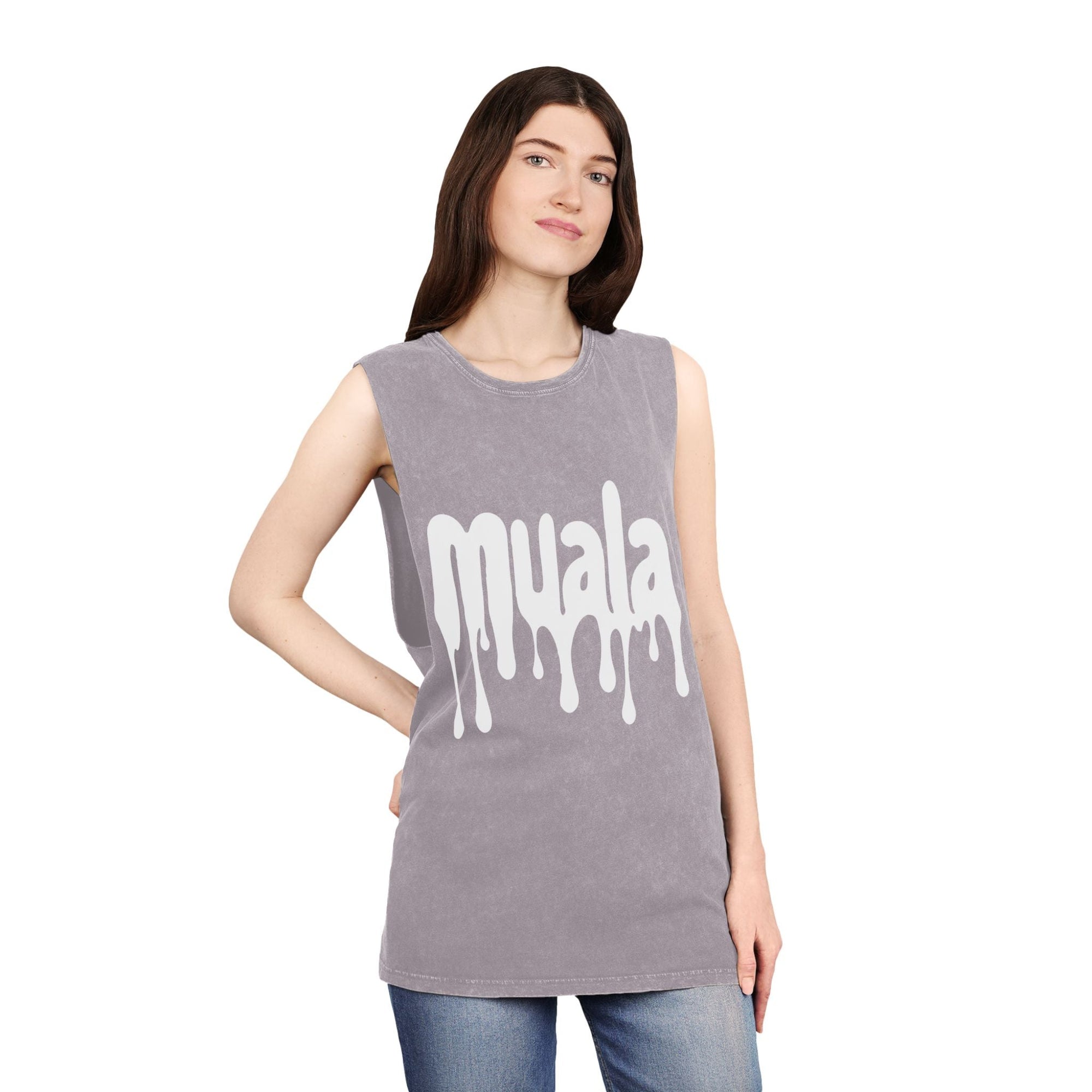 woman wearing muala® "hot mualan" stonewash tank top with dripping logo design