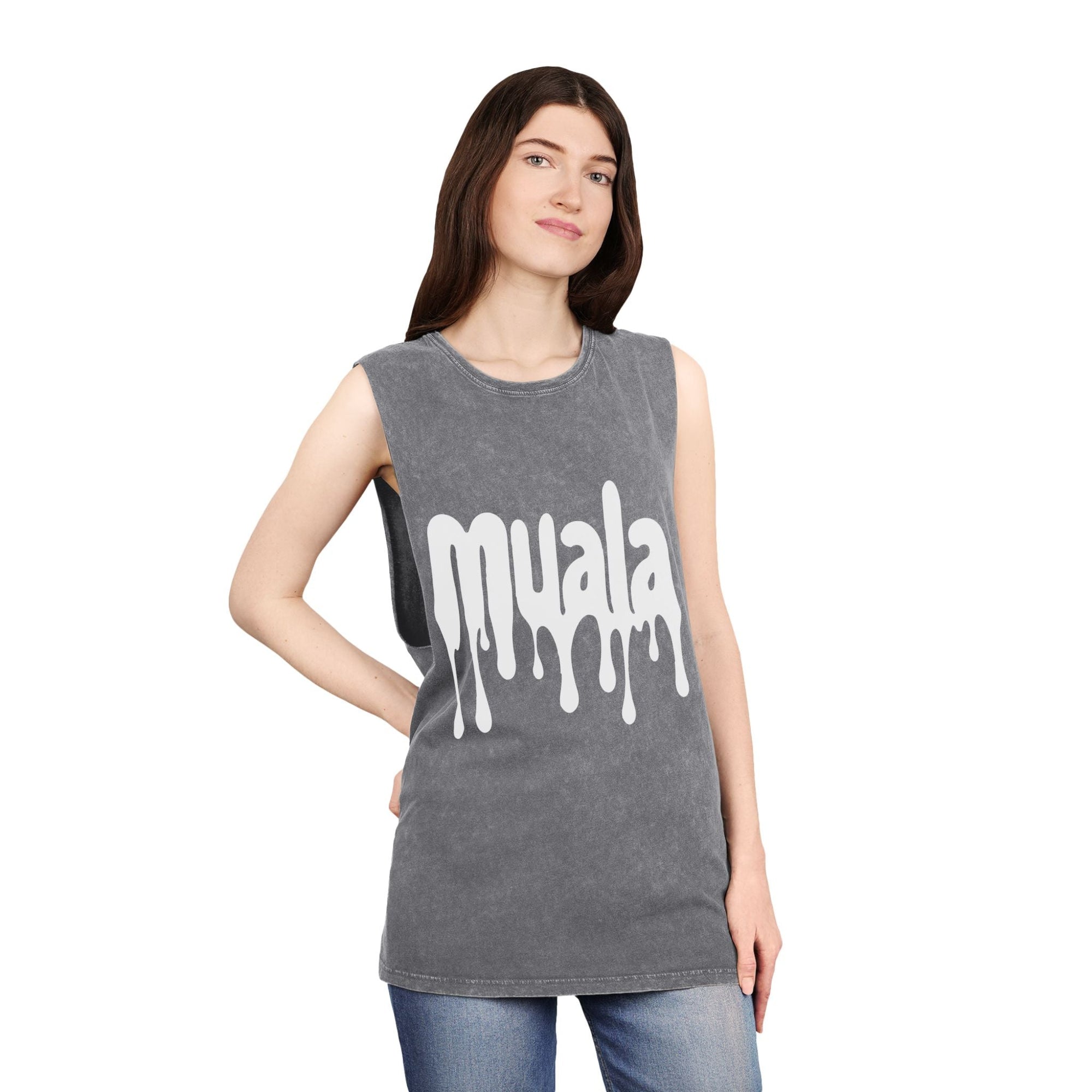 woman wearing muala® "hot mualan" stonewash tank top with dripping logo in vintage gray