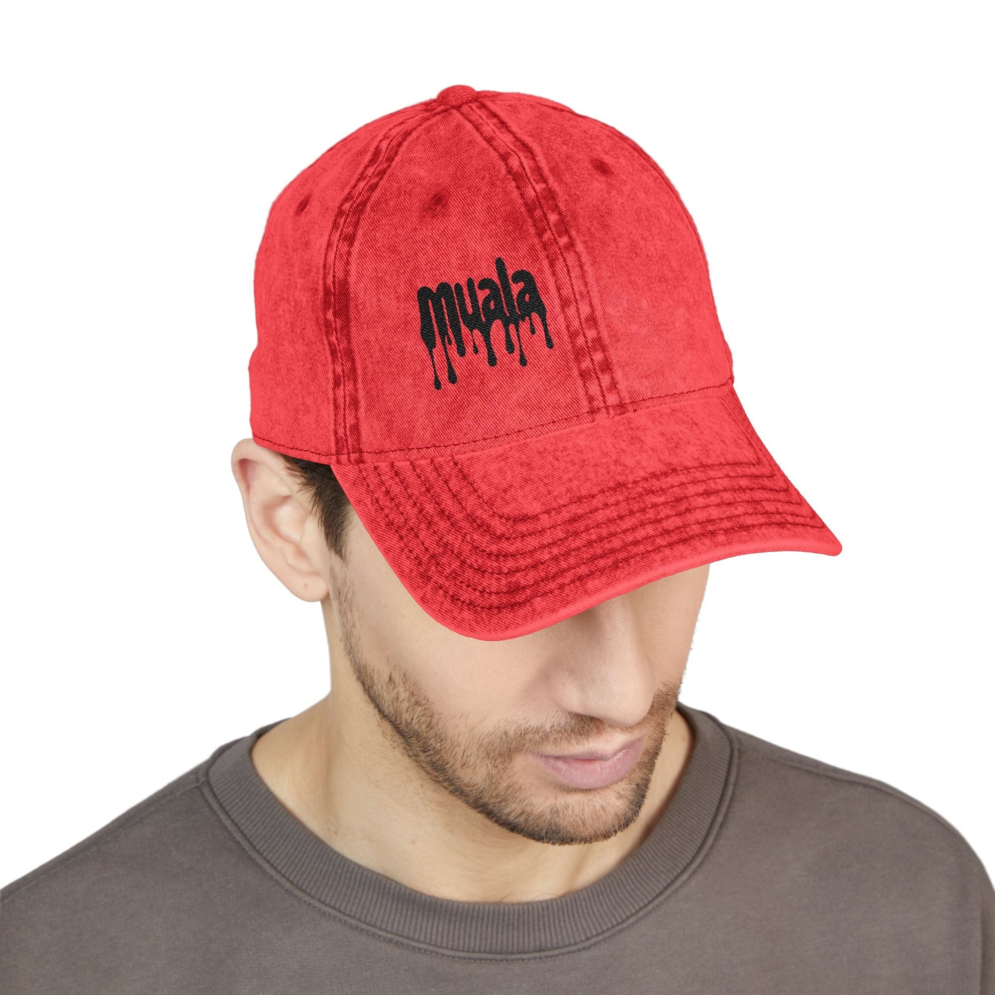 Red distressed Muala® "sunday pizza" Cap with black embroidered logo on right front panel worn by man