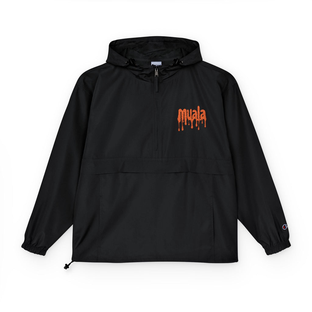 Black muala x champion packable anorak with hood and orange dripping muala logo on chest, water-resistant lightweight design for food adventure and festival use