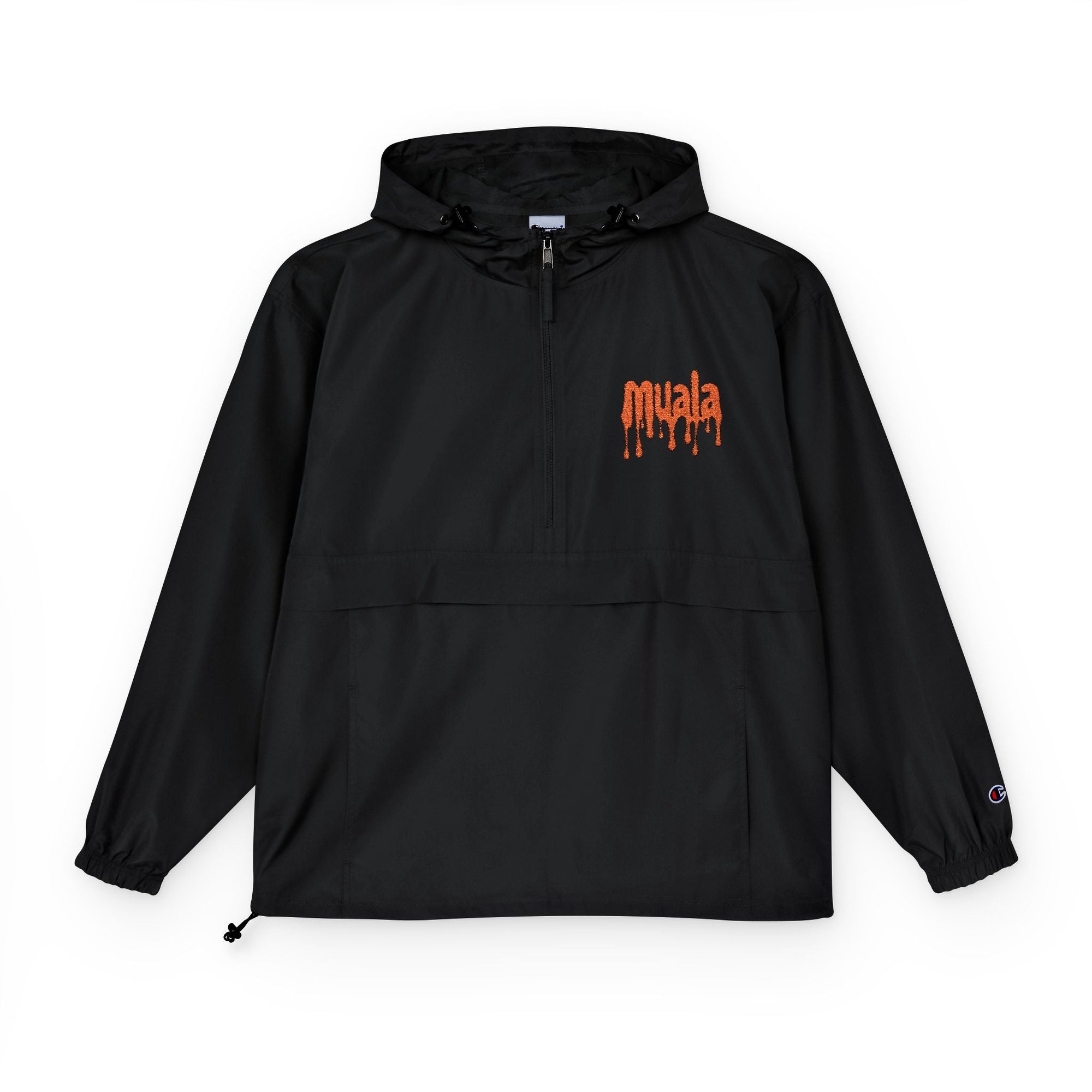 Black muala x champion packable anorak with hood and orange dripping muala logo on chest, water-resistant lightweight design for food adventure and festival use