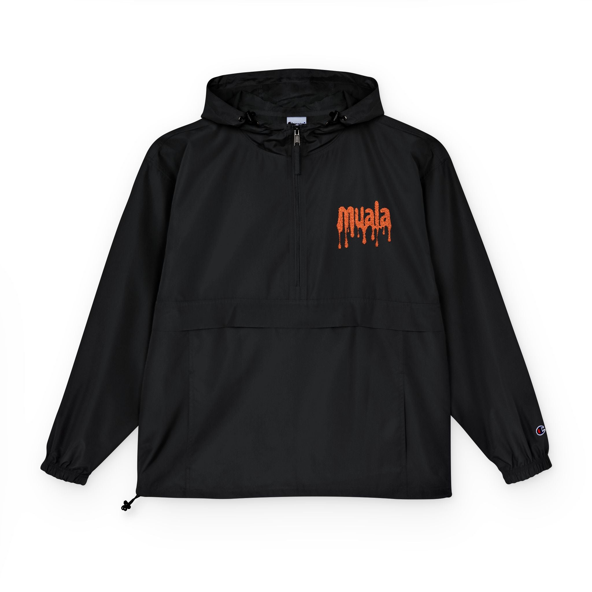 Black muala x champion packable anorak with hood and orange dripping muala logo on chest, water-resistant lightweight design for food adventure and festival use