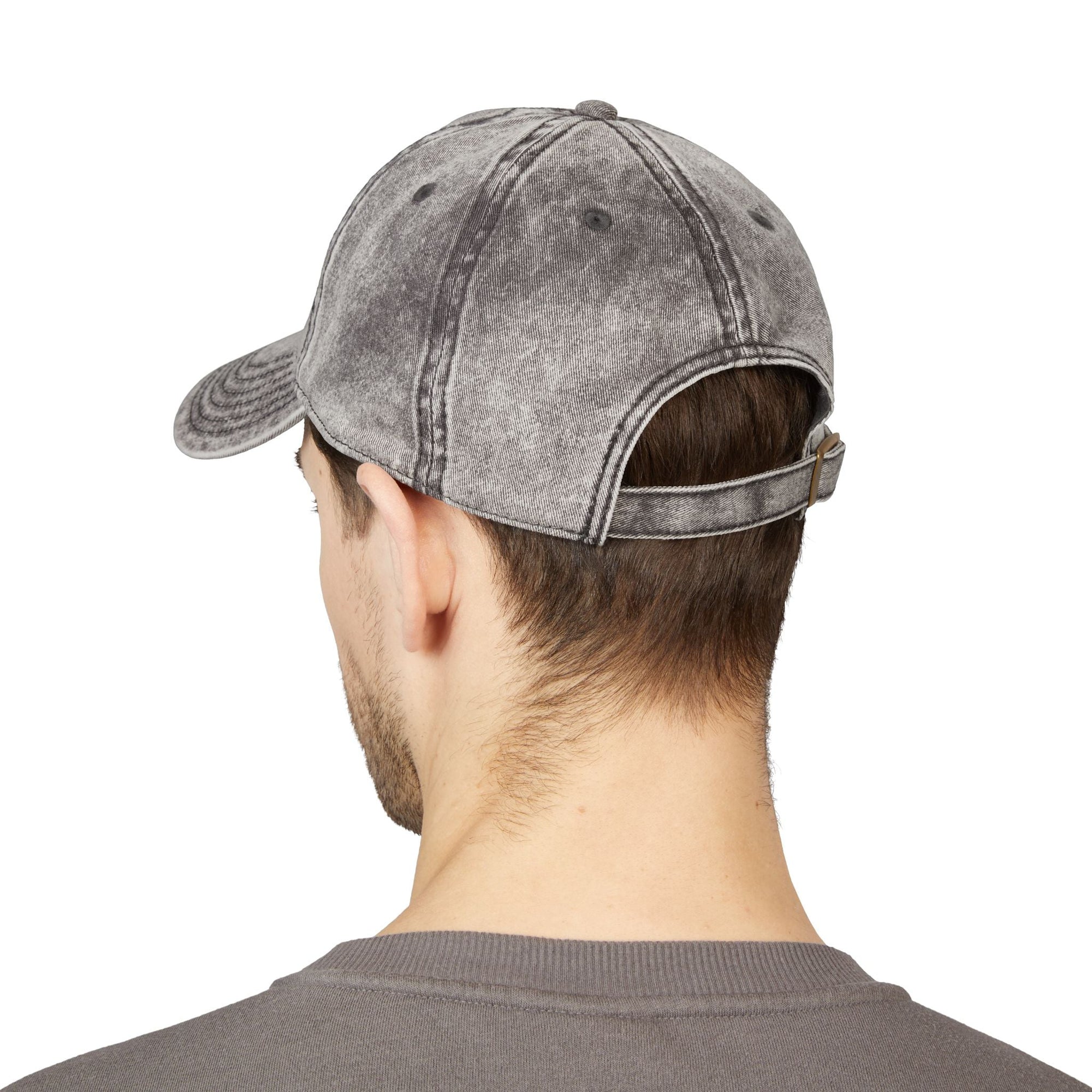 Back view of gray distressed vintage Muala® "sunday pizza" Cap on male model with adjustable metal snap buckle and six-panel cotton twill design