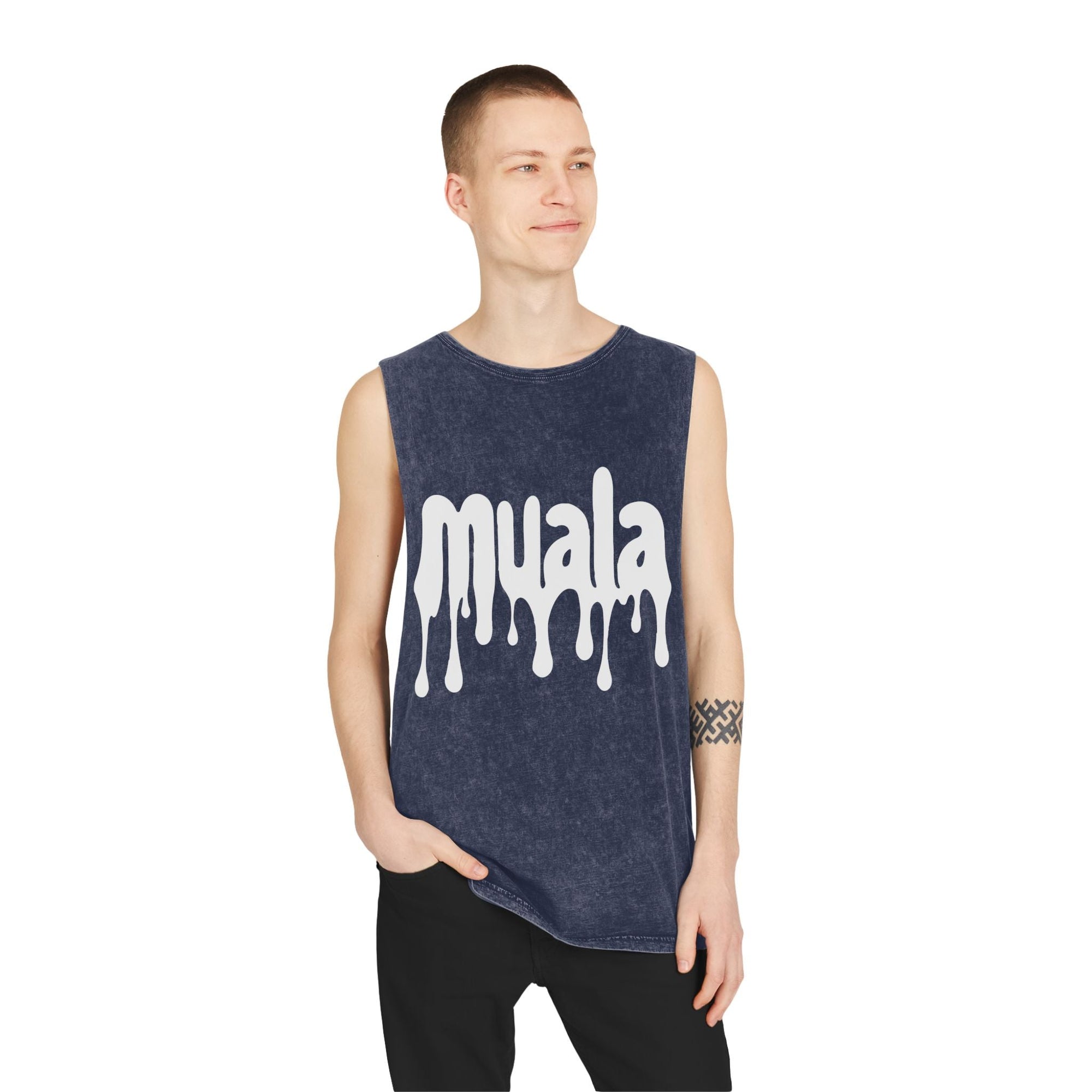 young man wearing navy blue muala® hot mualan stonewash tank top with dripping logo print and raw edge sleeves