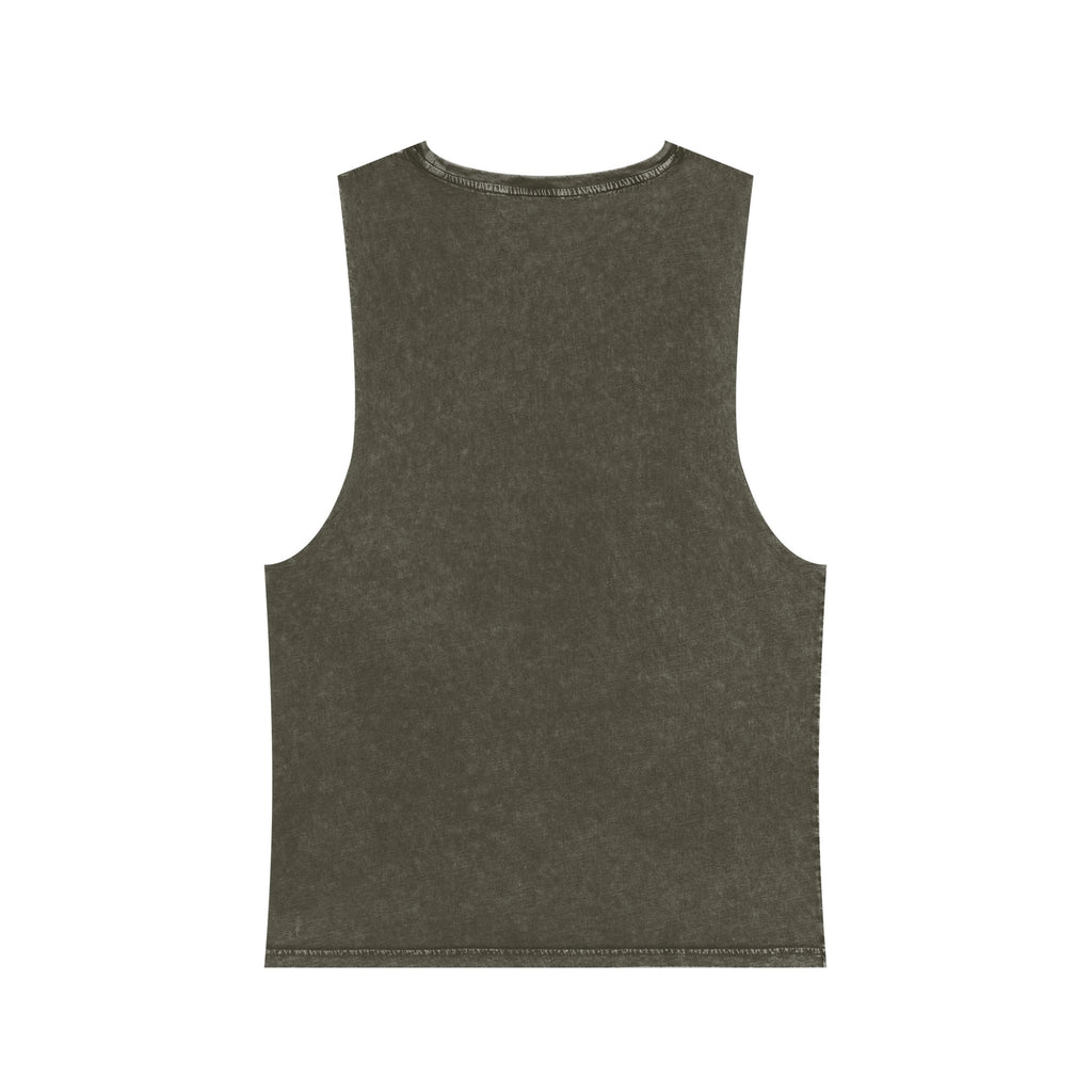 Back view of muala® "hot mualan" stonewash tank top in faded dark gray with raw edges and vintage stonewashed texture