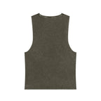 Back view of muala® "hot mualan" stonewash tank top in faded dark gray with raw edges and vintage stonewashed texture