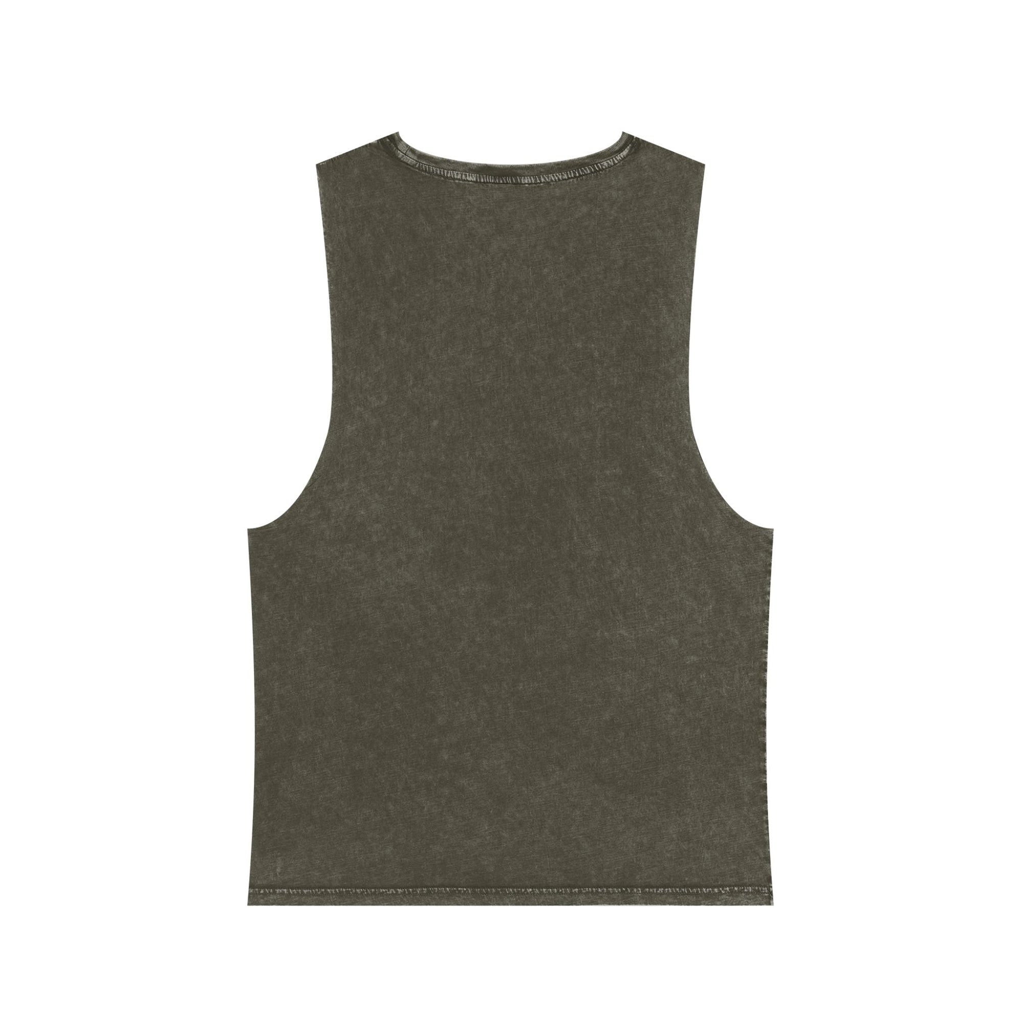 Back view of muala® "hot mualan" stonewash tank top in faded dark gray with raw edges and vintage stonewashed texture