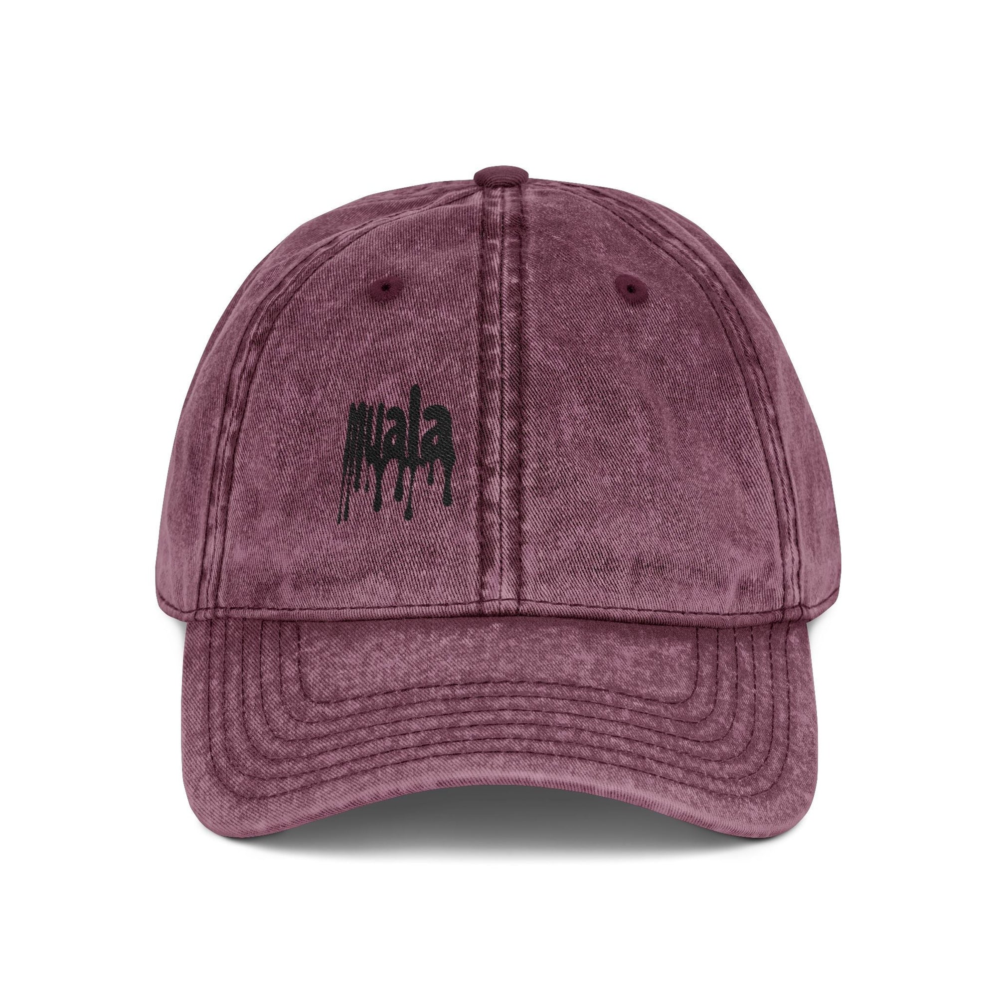 Muala® "sunday pizza" cap in distressed maroon cotton twill with black embroidered logo on right front panel