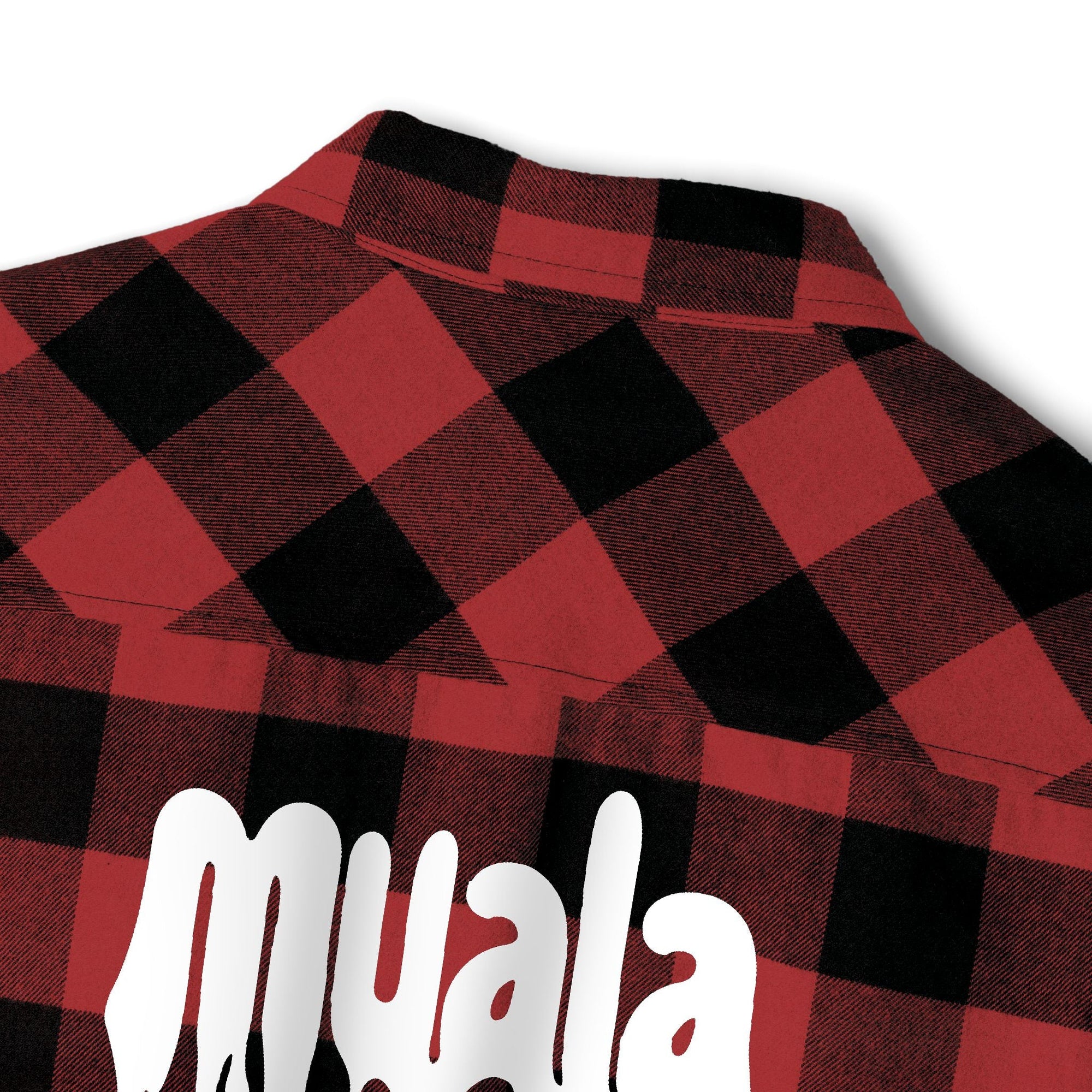 Red and black plaid heavyweight flannel shirt with muala logo on back, premium casual style "Late Night Kebab" design