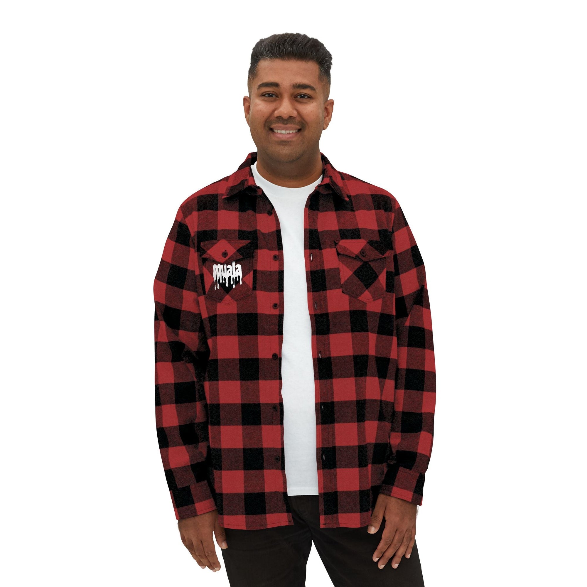Late Night Kebab heavyweight red and black plaid flannel shirt with muala logo, casual unisex style and premium cotton-polyester blend.