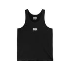 Black muala all day summer jersey tank with small white drippy logo on chest, unisex lightweight casual wear for comfortable summer flow