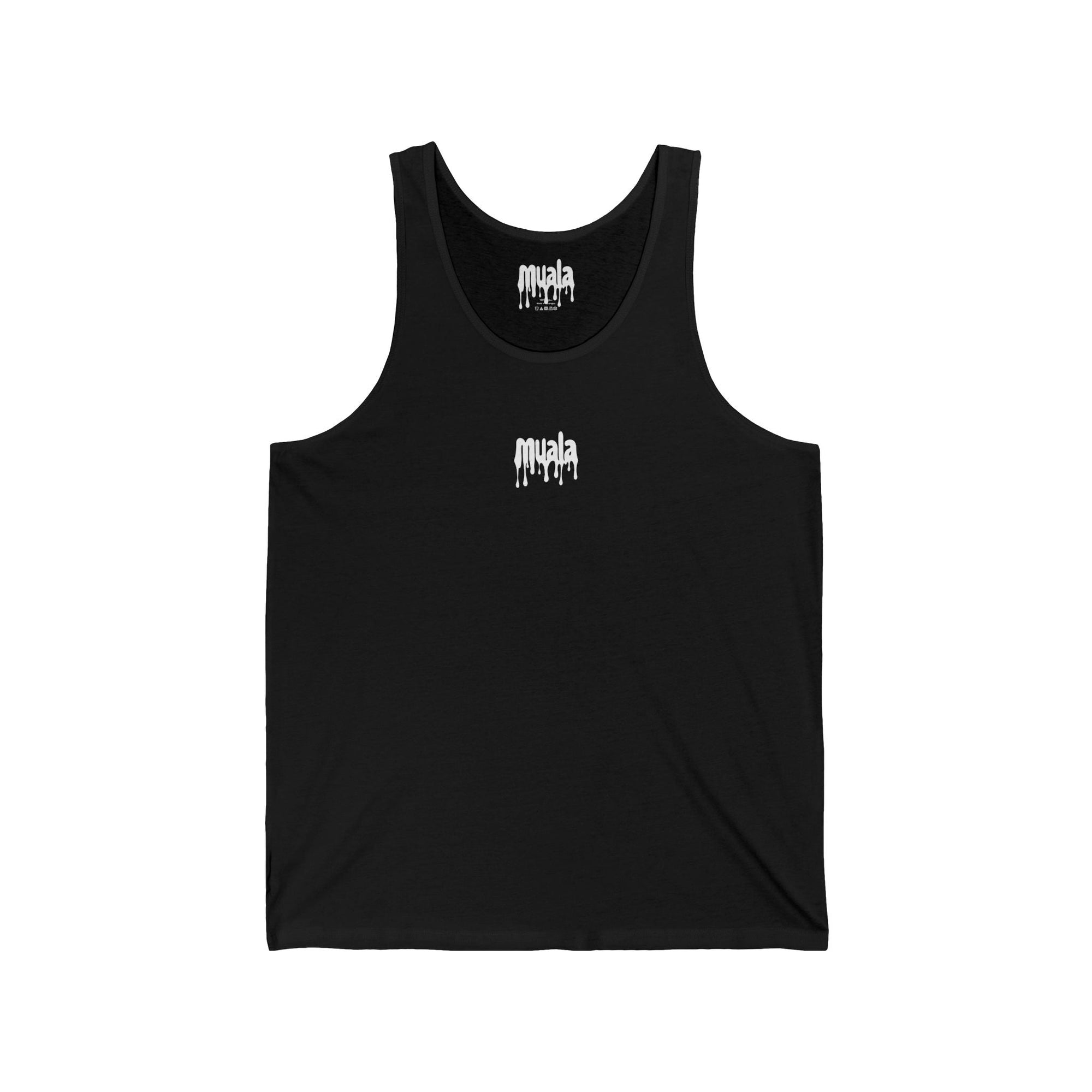 Black muala all day summer jersey tank with small white drippy logo on chest, unisex lightweight casual wear for comfortable summer flow