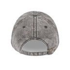 Back view of distressed gray Muala® "sunday pizza" cap with adjustable metal snap buckle and vintage washed cotton twill material