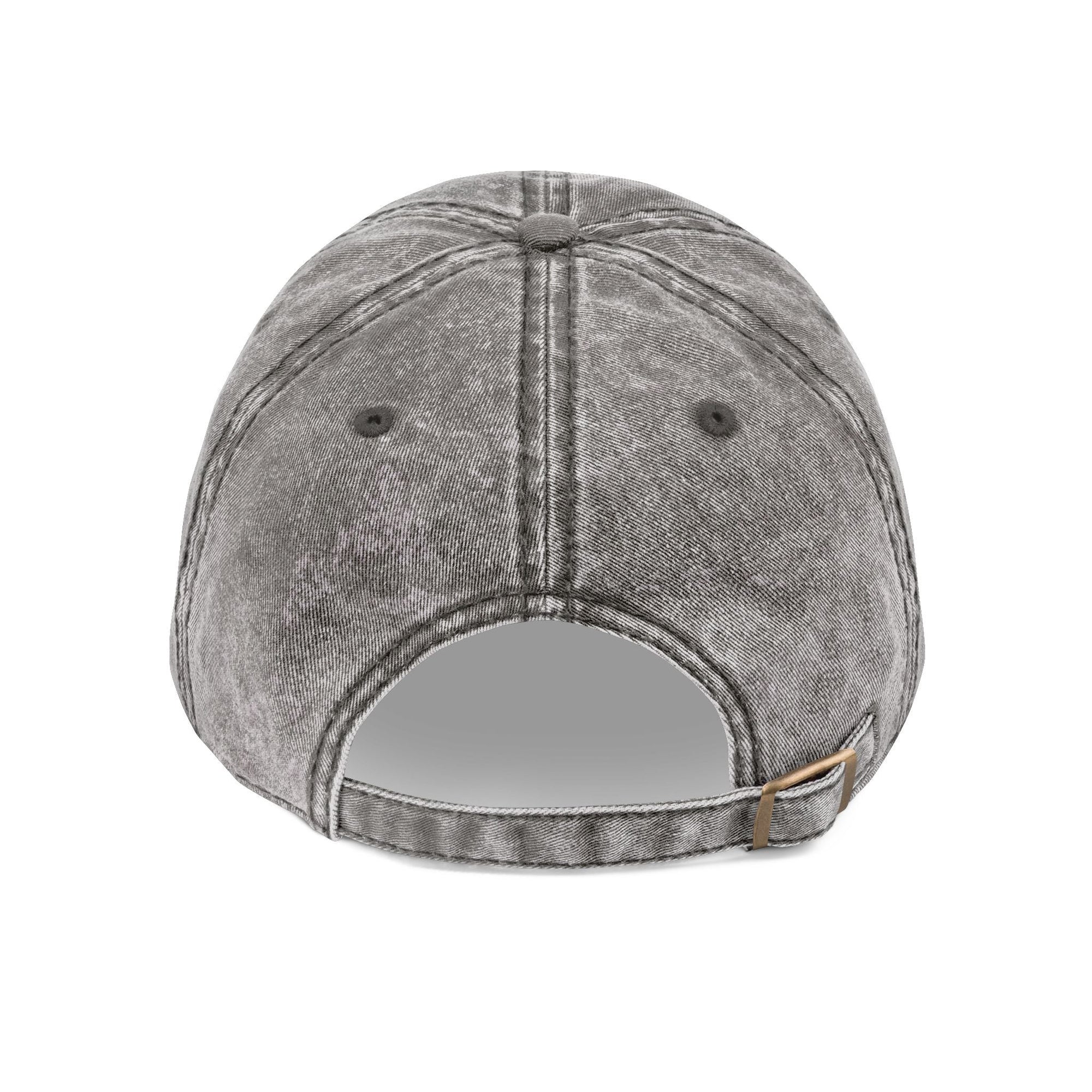 Back view of distressed gray Muala® "sunday pizza" cap with adjustable metal snap buckle and vintage washed cotton twill material