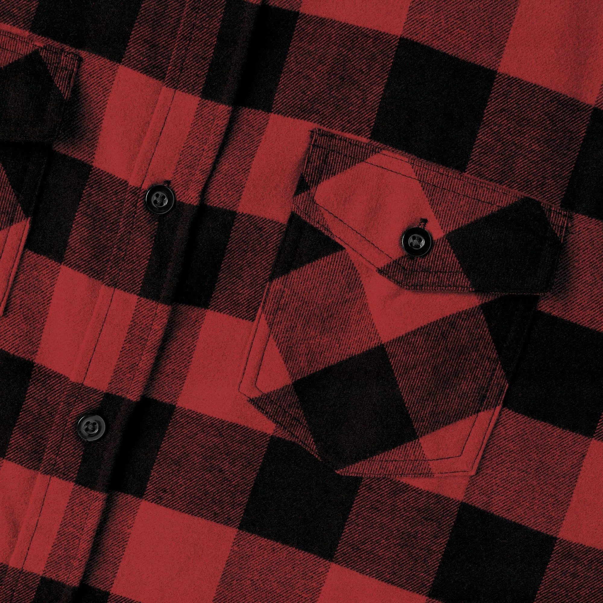 Close-up of Muala® Late Night Kebab heavyweight red and black plaid flannel shirt with black buttons and chest pocket detail