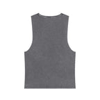Back view of muala® "hot mualan" stonewash tank top in vintage grey cotton with raw edge sleeves and ribbed collar.