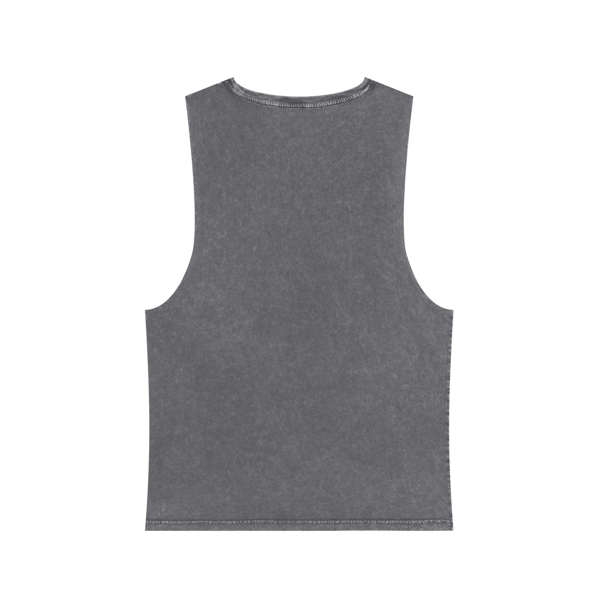 Back view of muala® "hot mualan" stonewash tank top in vintage grey cotton with raw edge sleeves and ribbed collar.