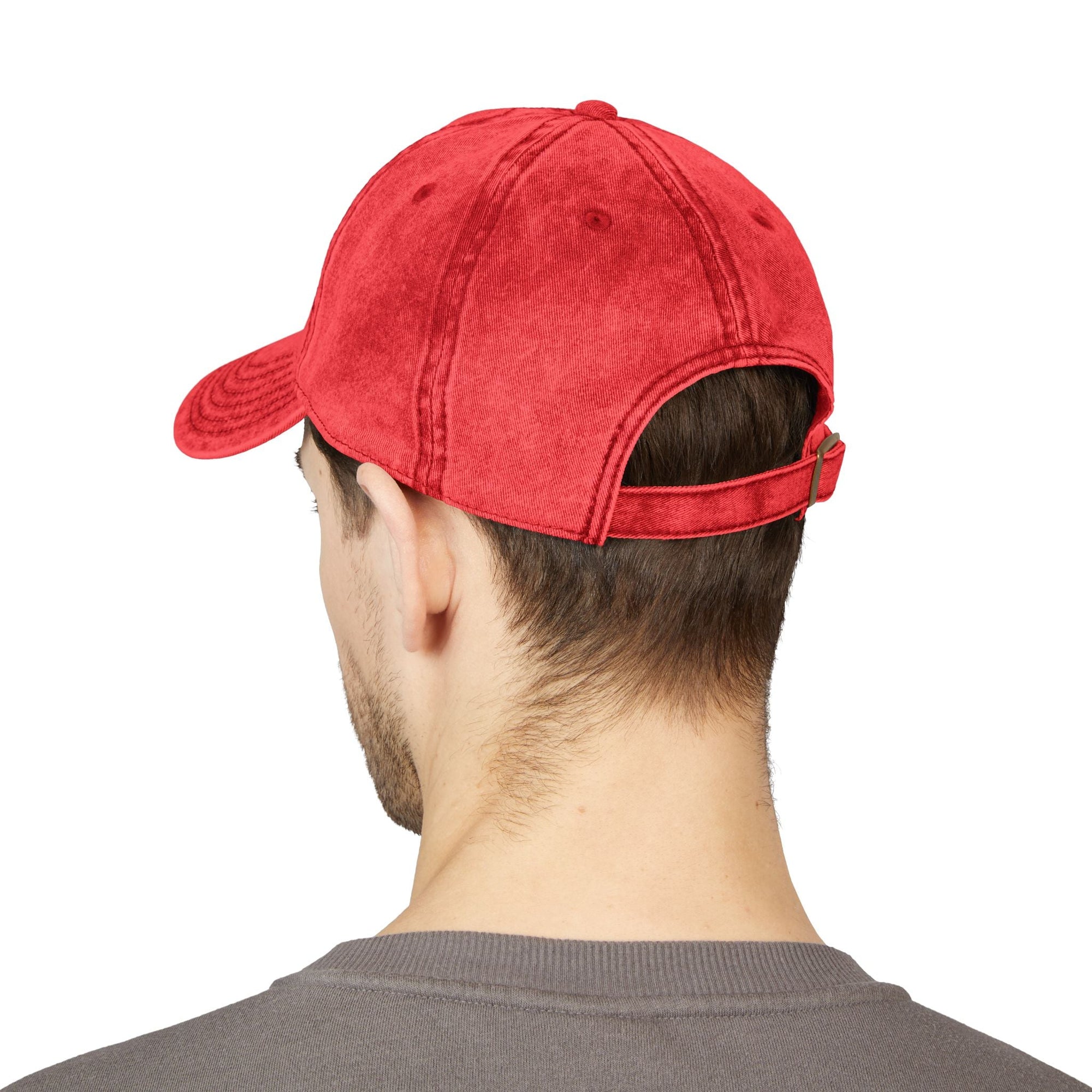 Back view of red distressed Muala® "sunday pizza" Cap on male model with adjustable strap and vintage washed cotton twill fabric