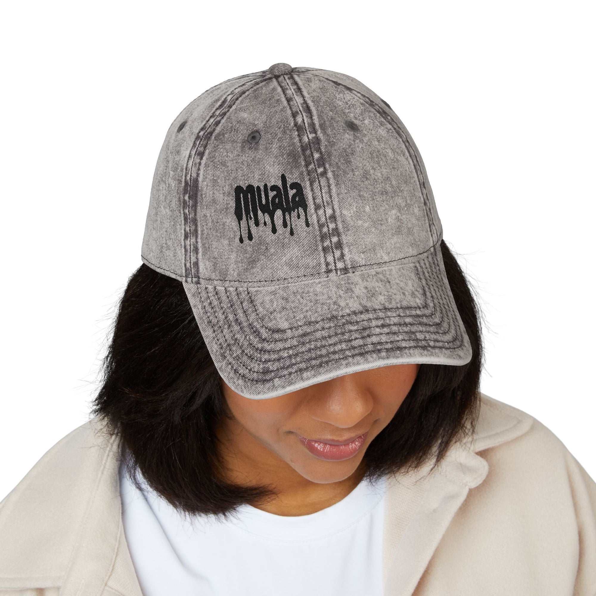 Gray distressed cotton twill Muala® "sunday pizza" cap with black embroidered logo on front worn by person