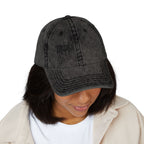 Black distressed Muala® "sunday pizza" Cap with embroidered logo on the right front panel worn by a person