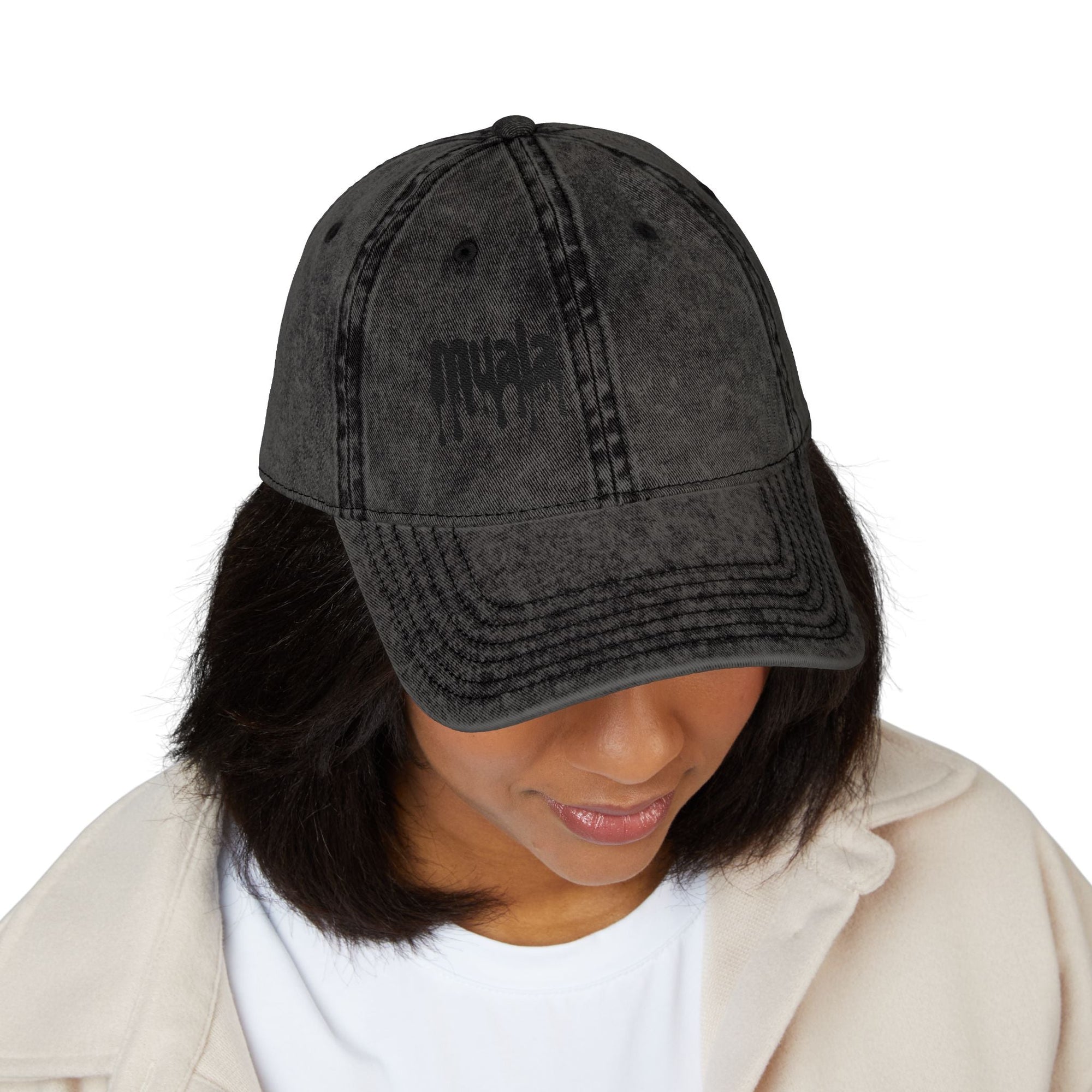 Black distressed Muala® "sunday pizza" Cap with embroidered logo on the right front panel worn by a person