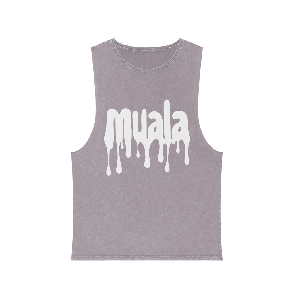 Muala® stonewash gray tank top with white dripping logo, raw edges, vintage textured cotton, unisex summer casual wear