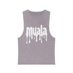 Muala® stonewash gray tank top with white dripping logo, raw edges, vintage textured cotton, unisex summer casual wear