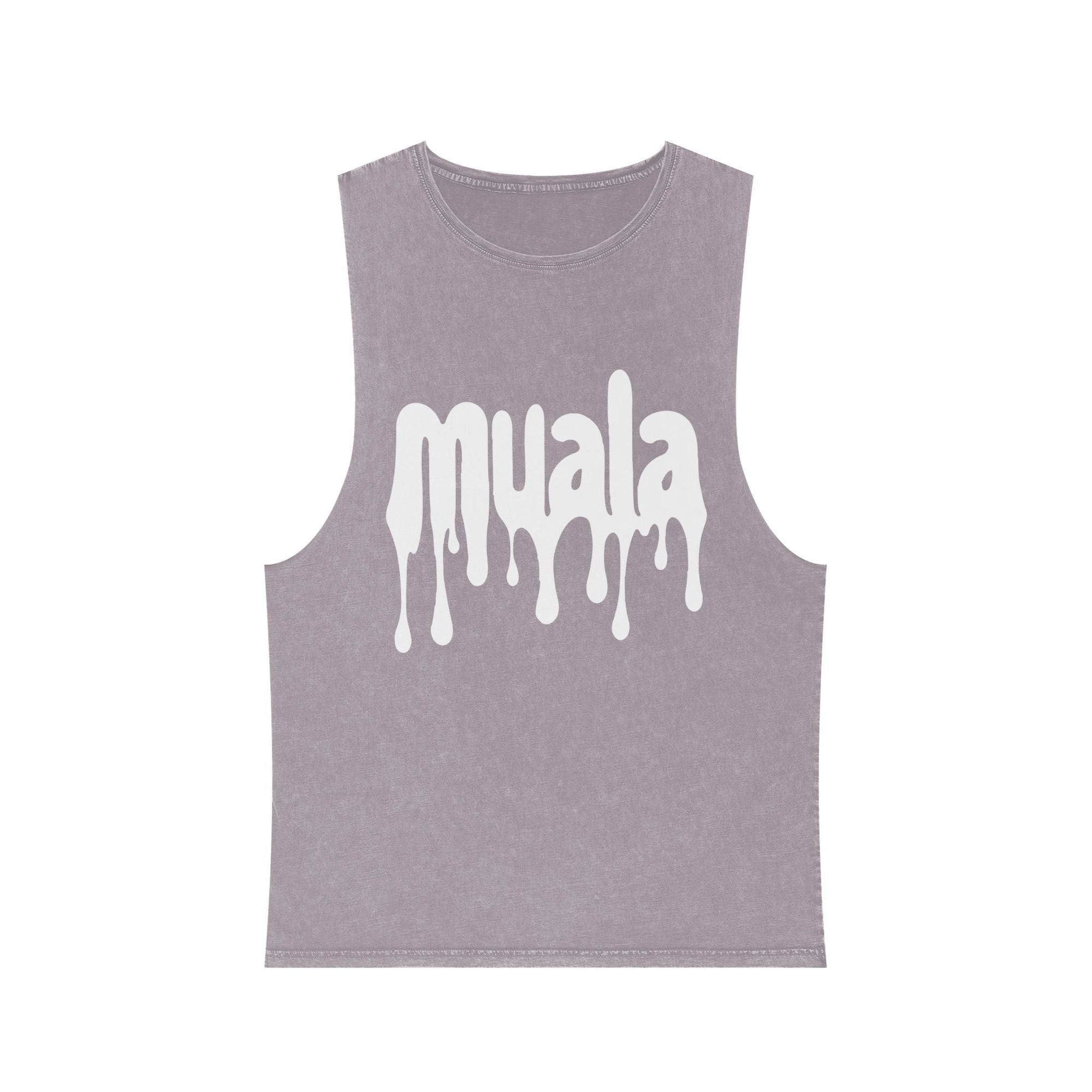 Muala® stonewash gray tank top with white dripping logo, raw edges, vintage textured cotton, unisex summer casual wear