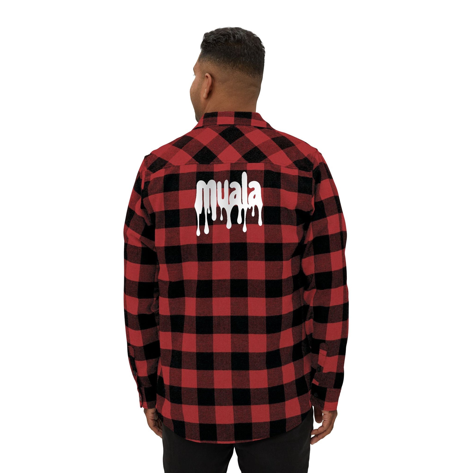 Back view of unisex heavyweight red and black plaid flannel shirt with white dripping "muala" logo, casual street style "Late Night Kebab" flannel