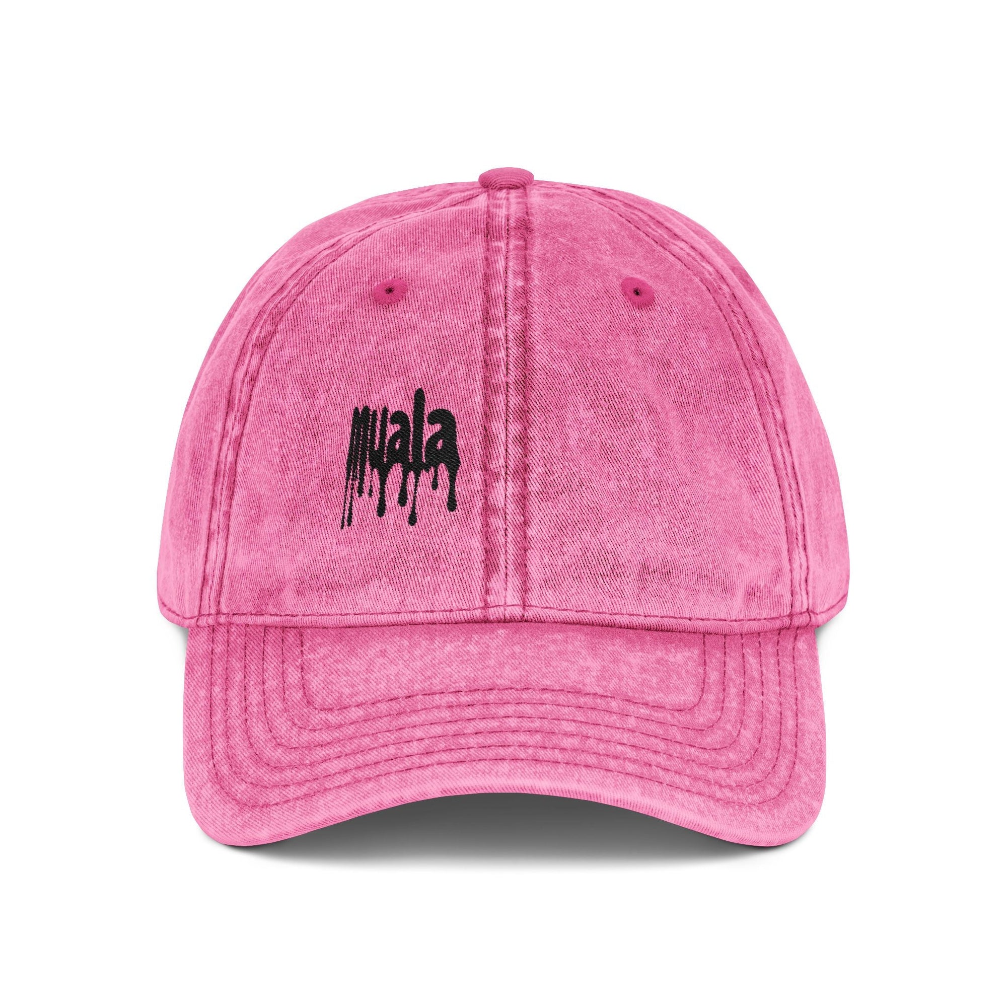 Pink distressed cotton twill Muala® "sunday pizza" Cap with black embroidered logo on right front panel.