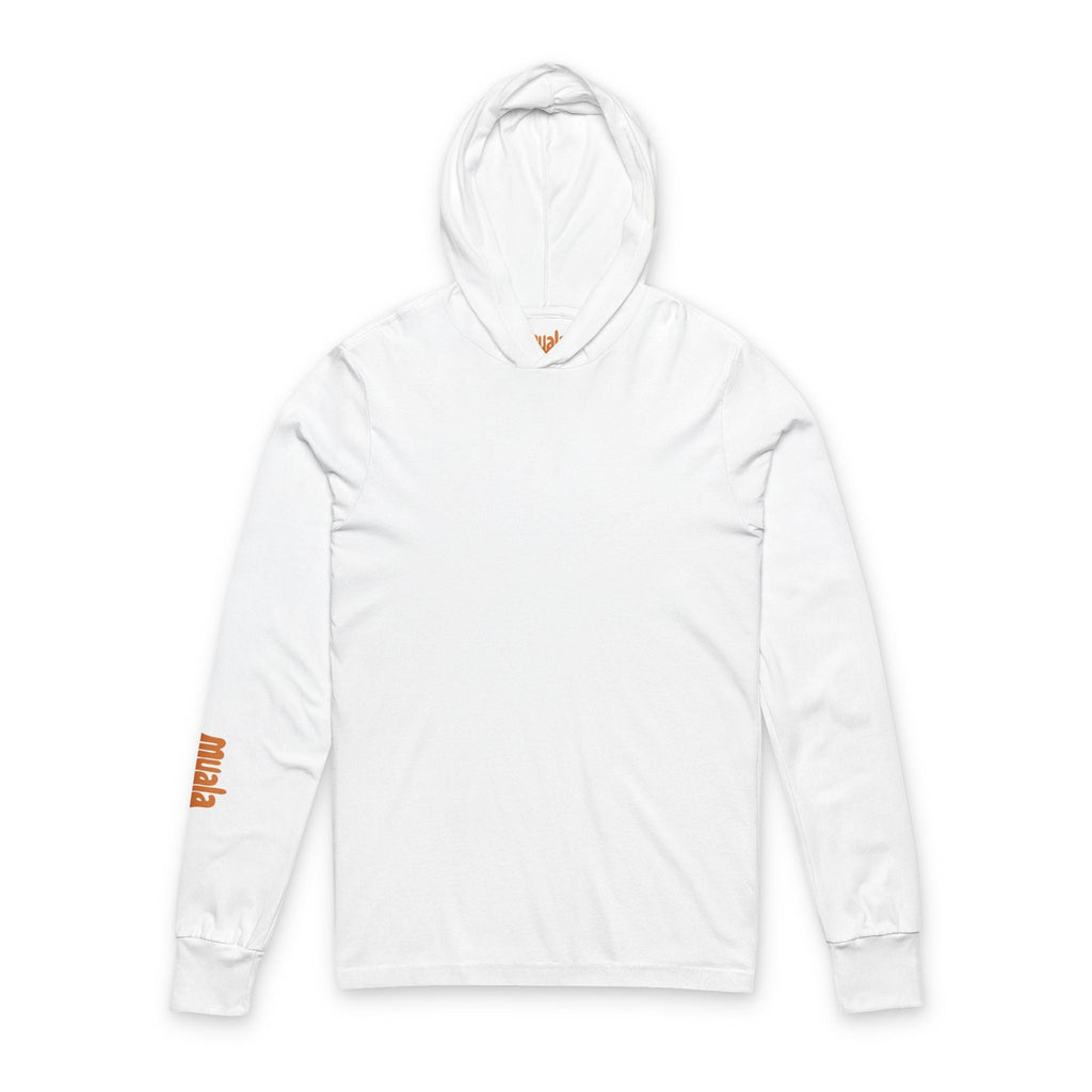 White Muala® Snack Attack hooded long sleeve tee with right sleeve orange logo print, crossover V-neck, lightweight cotton fabric, and regular fit.