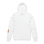 White Muala® Snack Attack hooded long sleeve tee with right sleeve orange logo print, crossover V-neck, lightweight cotton fabric, and regular fit.