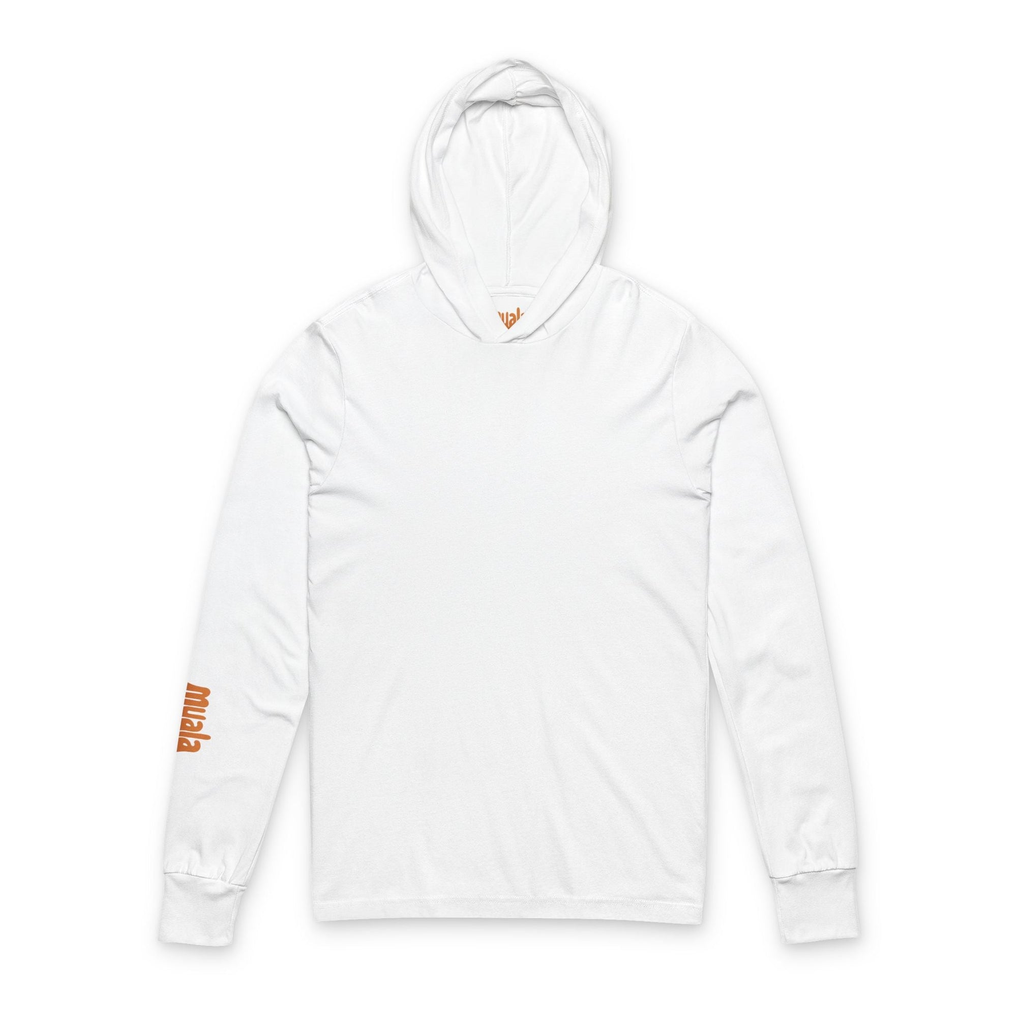 White Muala® Snack Attack hooded long sleeve tee with right sleeve orange logo print, crossover V-neck, lightweight cotton fabric, and regular fit.