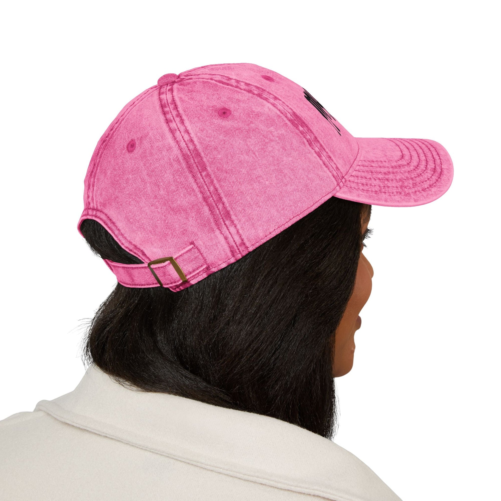 Pink distressed Muala® "sunday pizza" Cap with black logo embroidery on right front panel, adjustable metal snap buckle, and vintage cotton twill fabric.