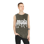 Young man wearing gray stonewashed muala® hot mualan tank top with dripping logo and raw edge sleeves