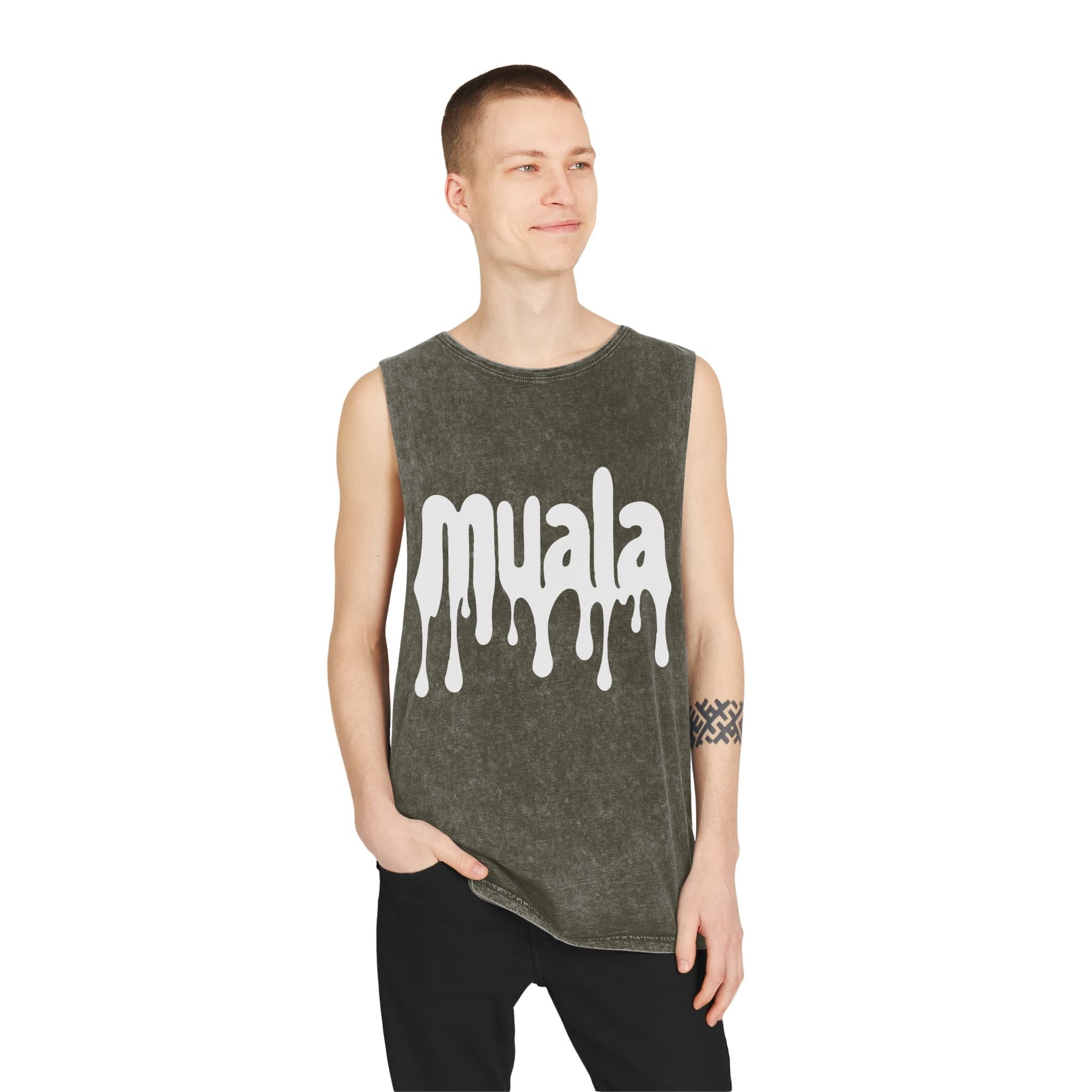 Young man wearing gray stonewashed muala® hot mualan tank top with dripping logo and raw edge sleeves