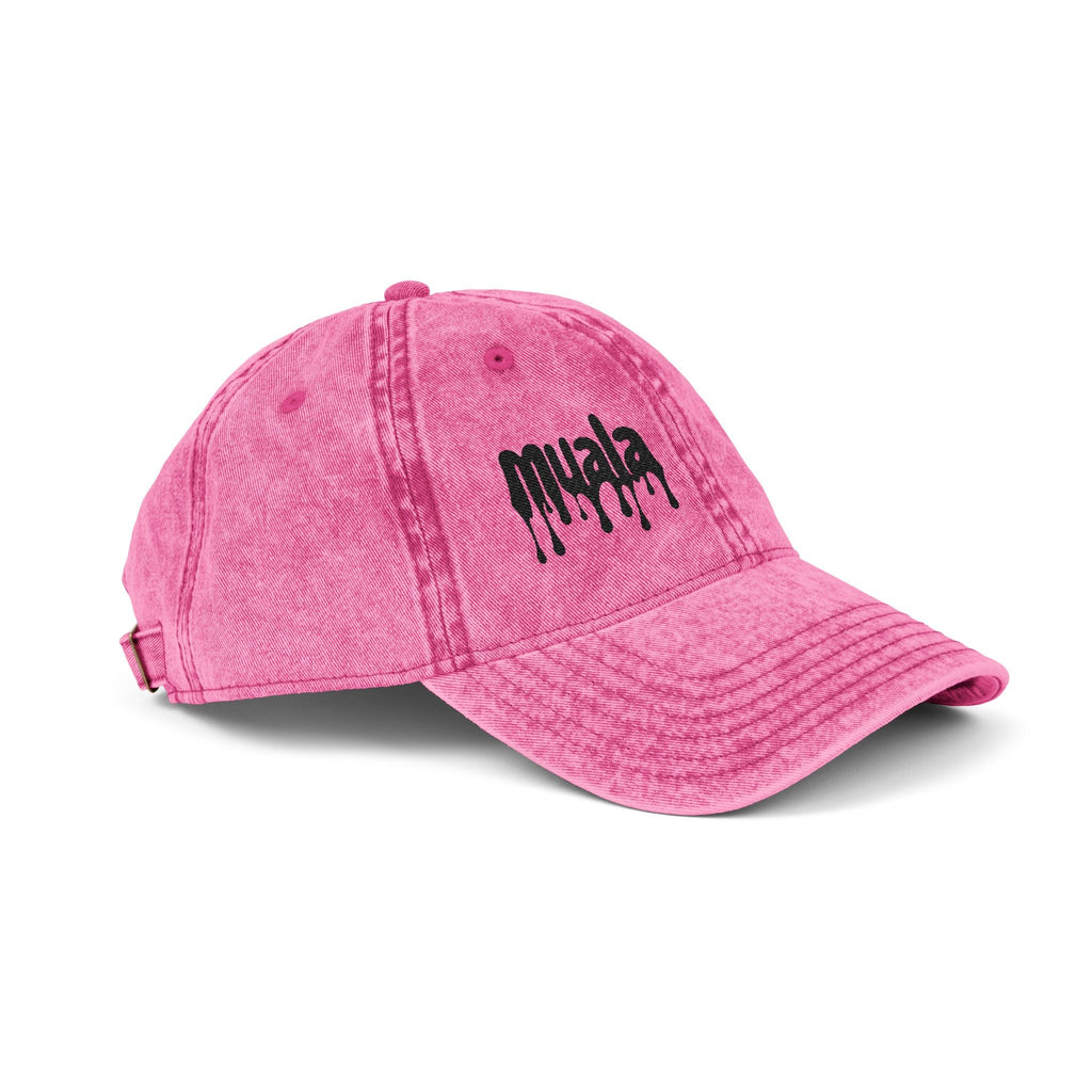 Pink Muala® "sunday pizza" Cap with black embroidered logo on right front panel, vintage distressed cotton twill, adjustable metal snap buckle