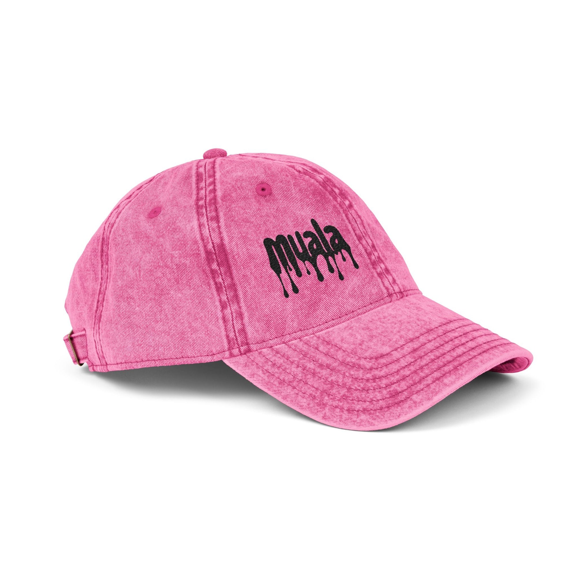 Pink Muala® "sunday pizza" Cap with black embroidered logo on right front panel, vintage distressed cotton twill, adjustable metal snap buckle