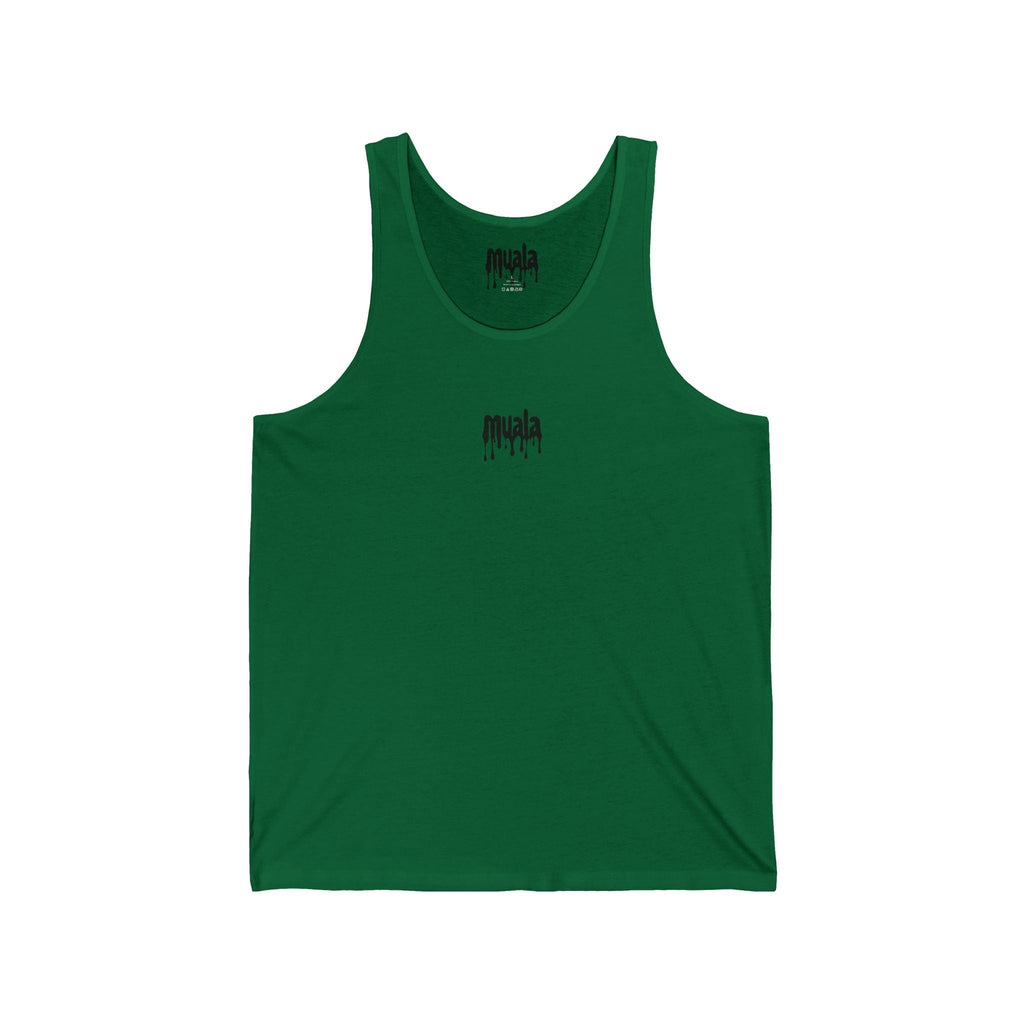 green muala all day summer jersey tank top with small drippy logo on chest