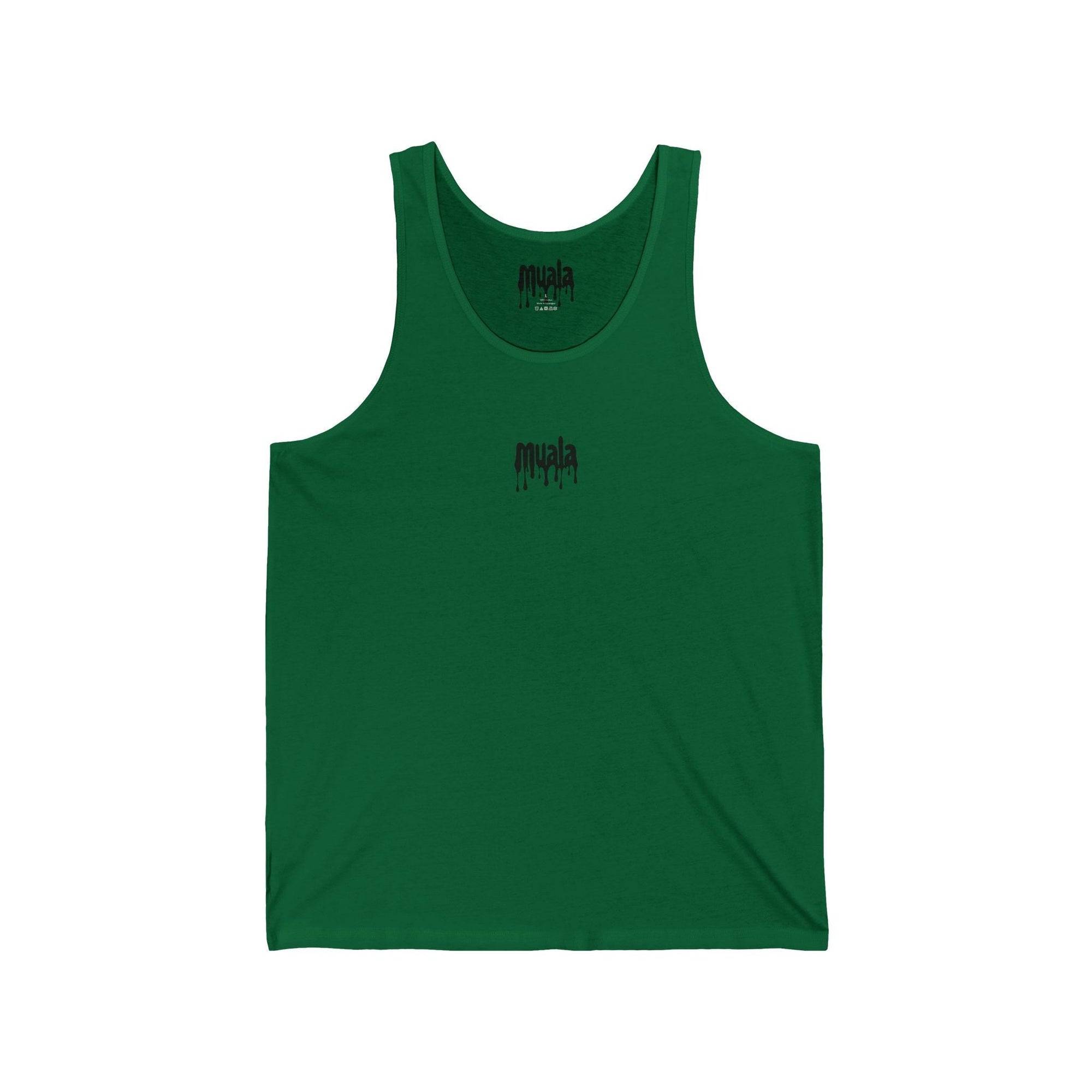 green muala all day summer jersey tank top with small drippy logo on chest