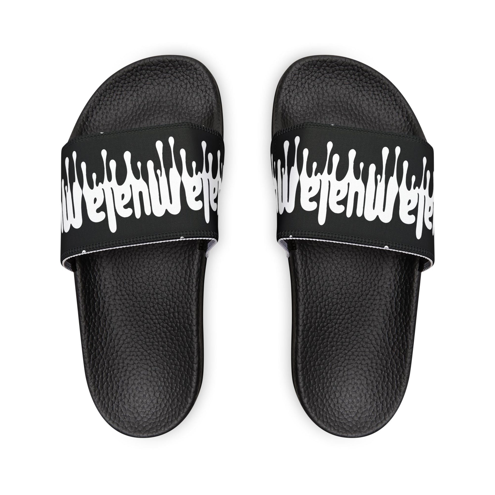 Top view of black Muala® flip fat flop men's sandals with white drip design on straps and textured footbed