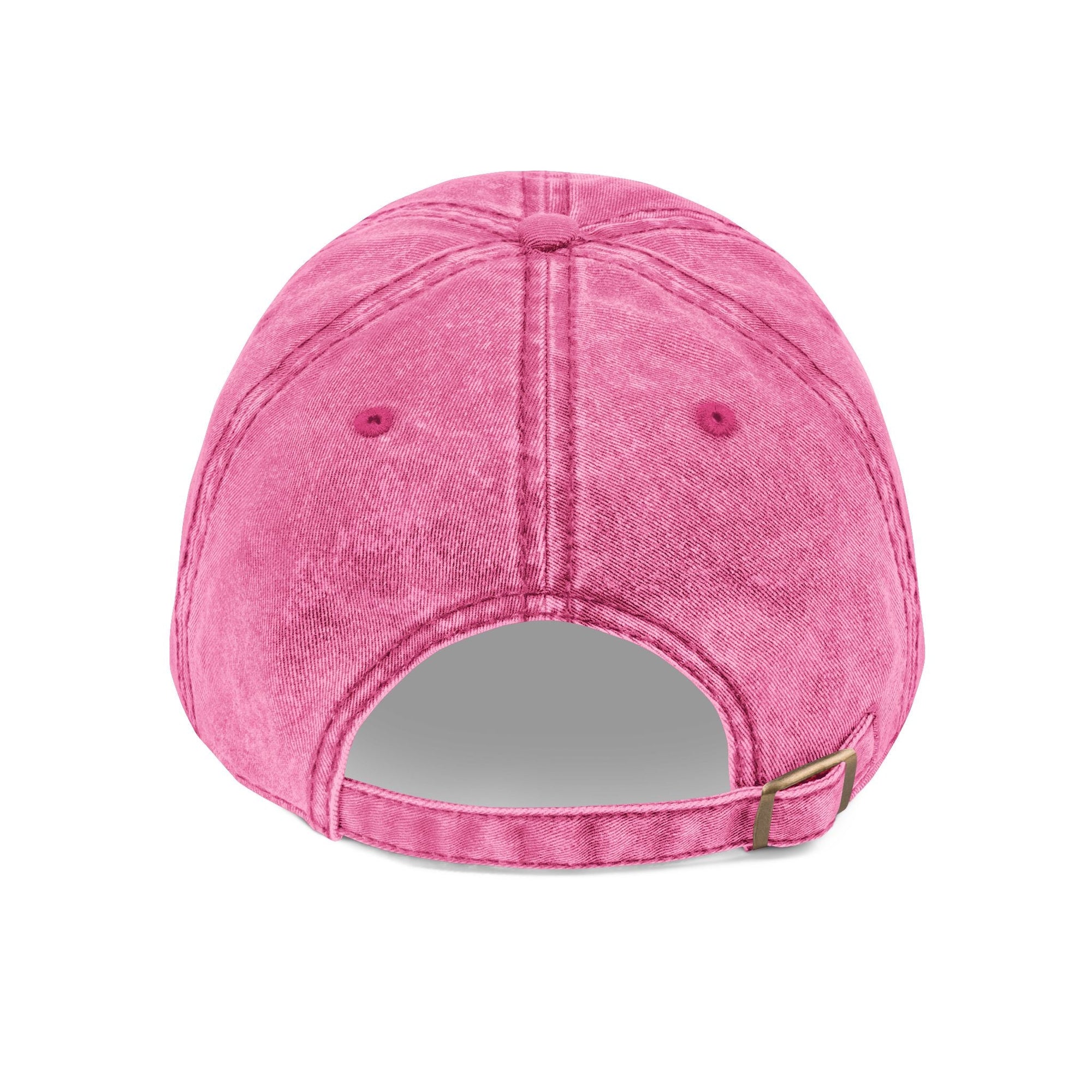 Back view of pink distressed vintage Muala® "sunday pizza" Cap with adjustable metal snap buckle and cotton twill fabric