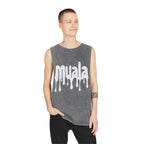 Muala® "hot mualan" stonewash tank top in vintage grey with white drippy logo, worn by male model with relaxed fit and raw sleeve edges.
